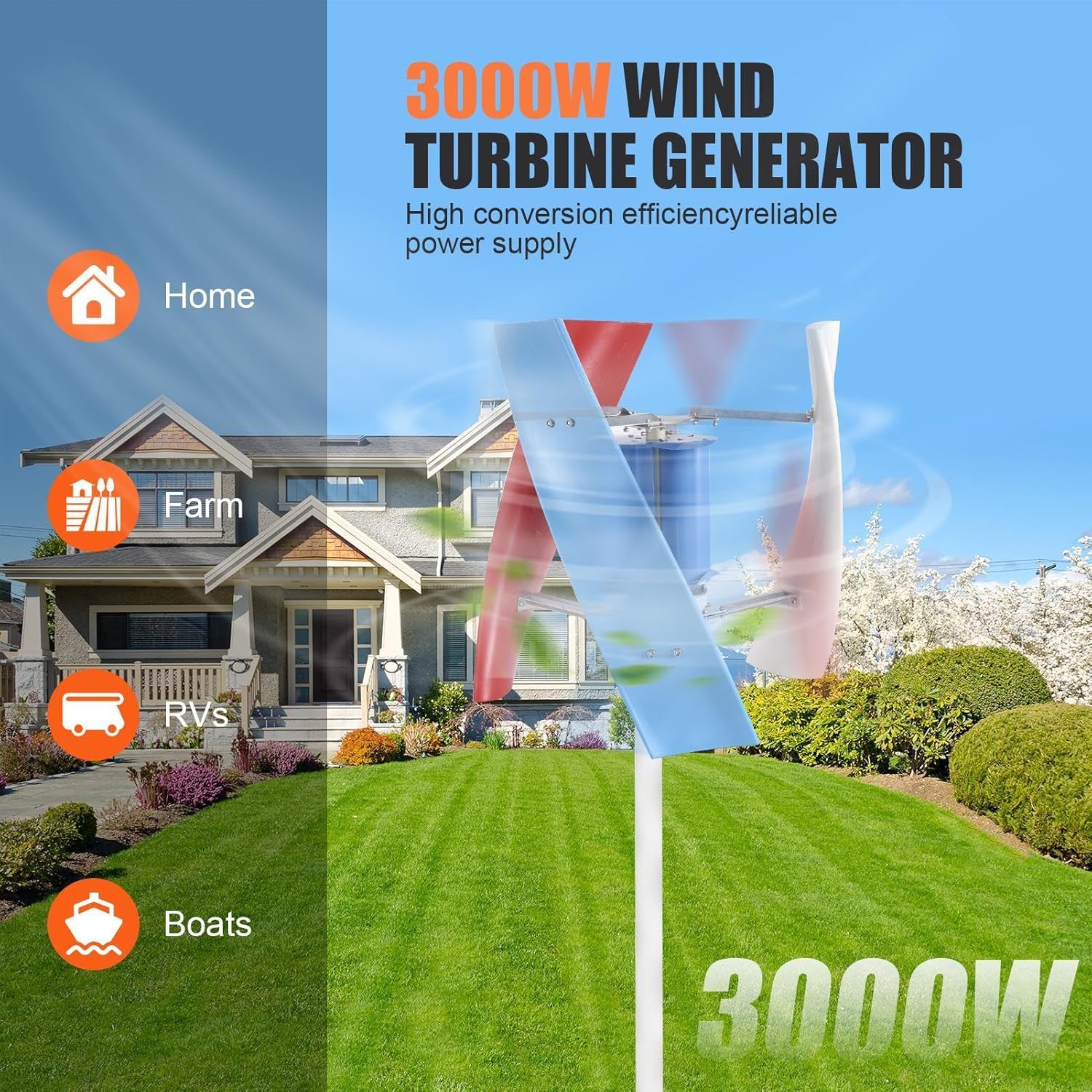 Vertical Axis Wind Turbine,3000W 12V 24V Wind Mill Generator Kit | 3 Leaves, Safe, Small Household Windmill for Home, Farm, RVs, Boats, Terraces