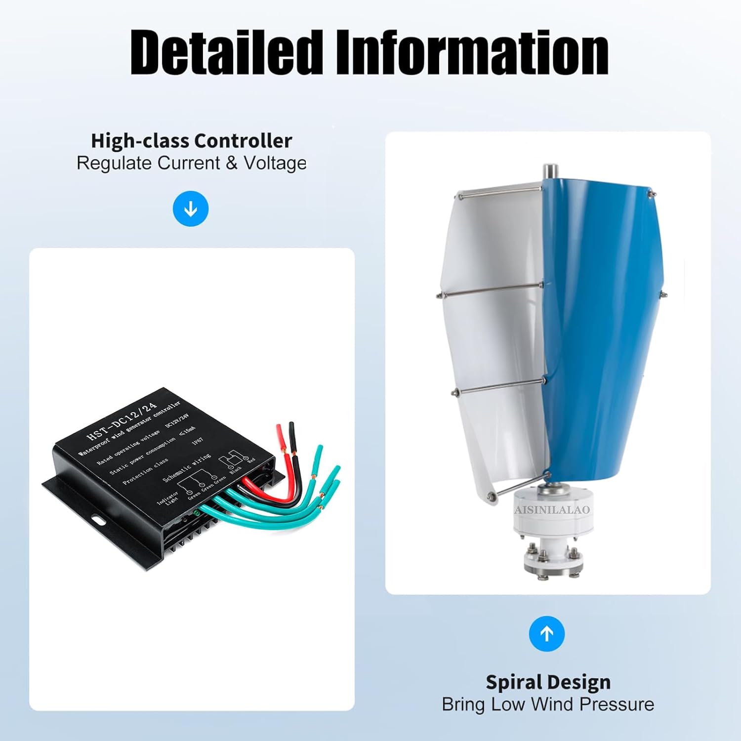 Low Speed Wind Turbine Generator 1000W-5000W 2-Blade High Power Turbine with Controller, 12V 24V 48V 220V for Home/Business/Industrial Energy Supply