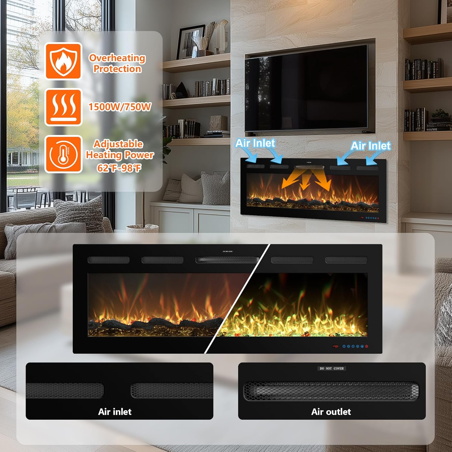 95 Inch WiFi-Enabled Recessed Electric Fireplace Inserts with Log Speaker,Wall Mounted & Freestanding Fireplace Heater,13 Adjustable Colors,5 Brightness Levels,Timer,750/1500w, Log & Crystal