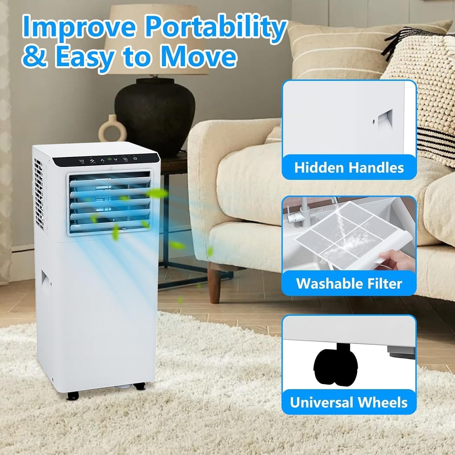 Portable Air Conditioner 8000 BTU with Cool/Dry/Fan Mode, 3-in-1 Free Standing Portable AC Unit with Remote Control, Cools Up to 350 Sq.Ft with Sleep Mode,2 Fan Speed for Bedroom Office Home