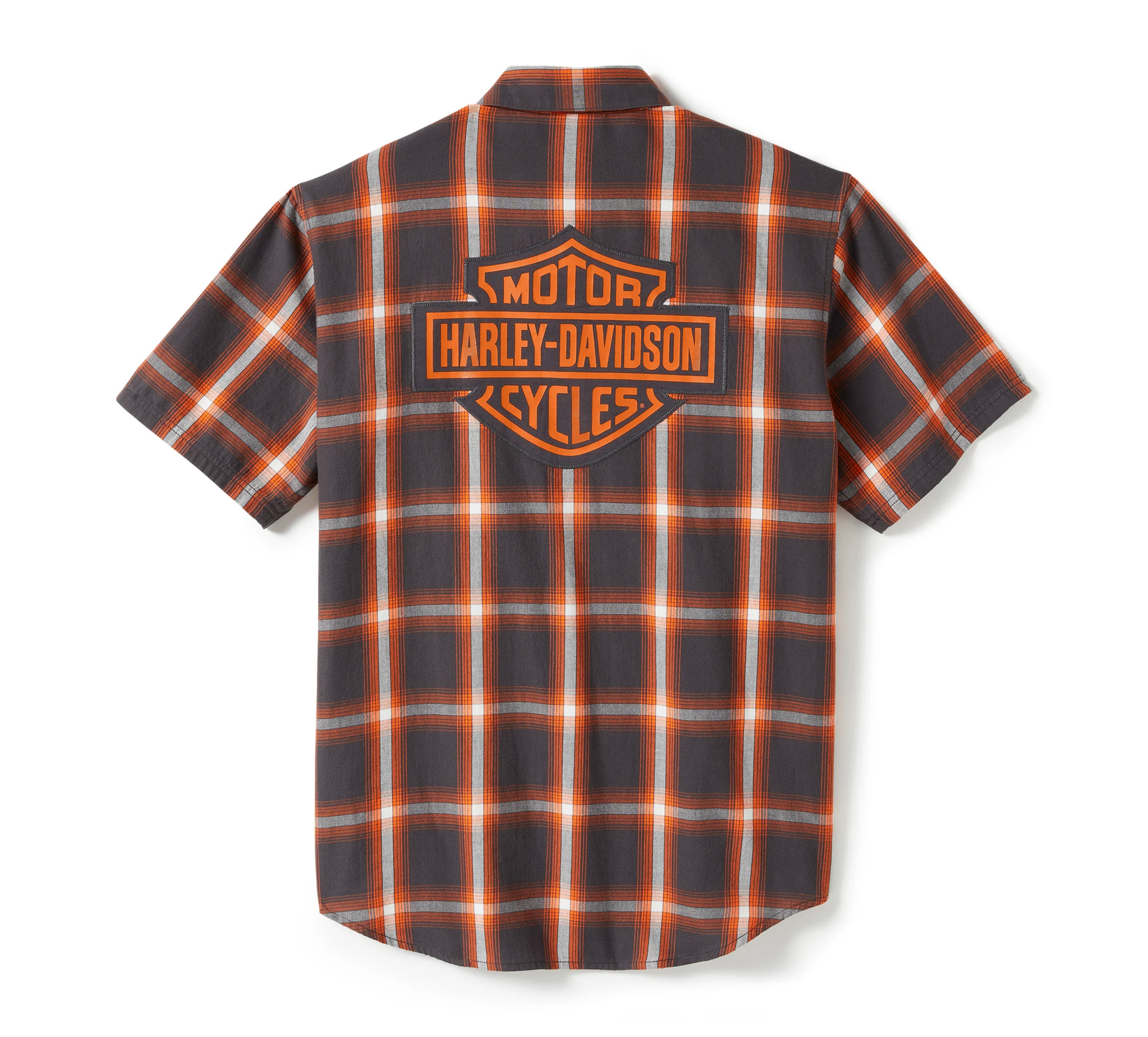 Men's Bar & Shield Staple Short Sleeve Shirt - Plaid - Asphalt & Harley Orange
