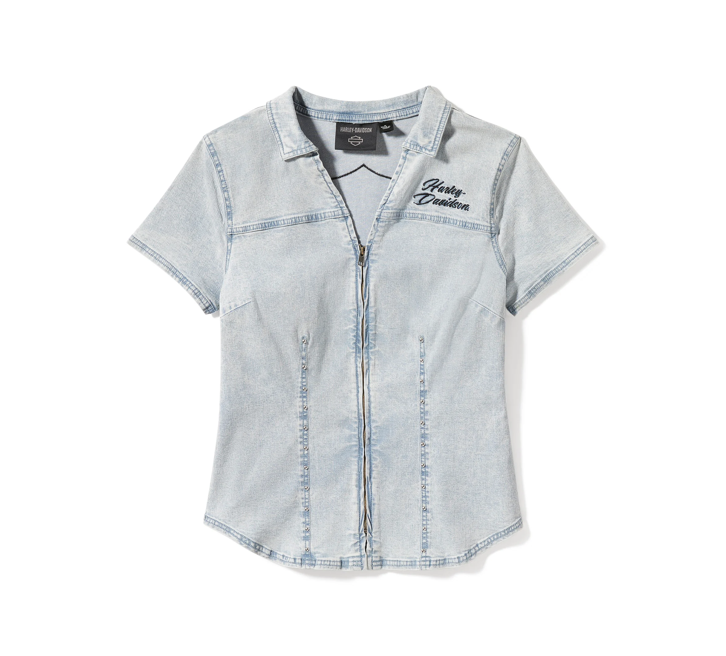 Women's Essential Bling Chambray Short Sleeve Zip Front Shirt