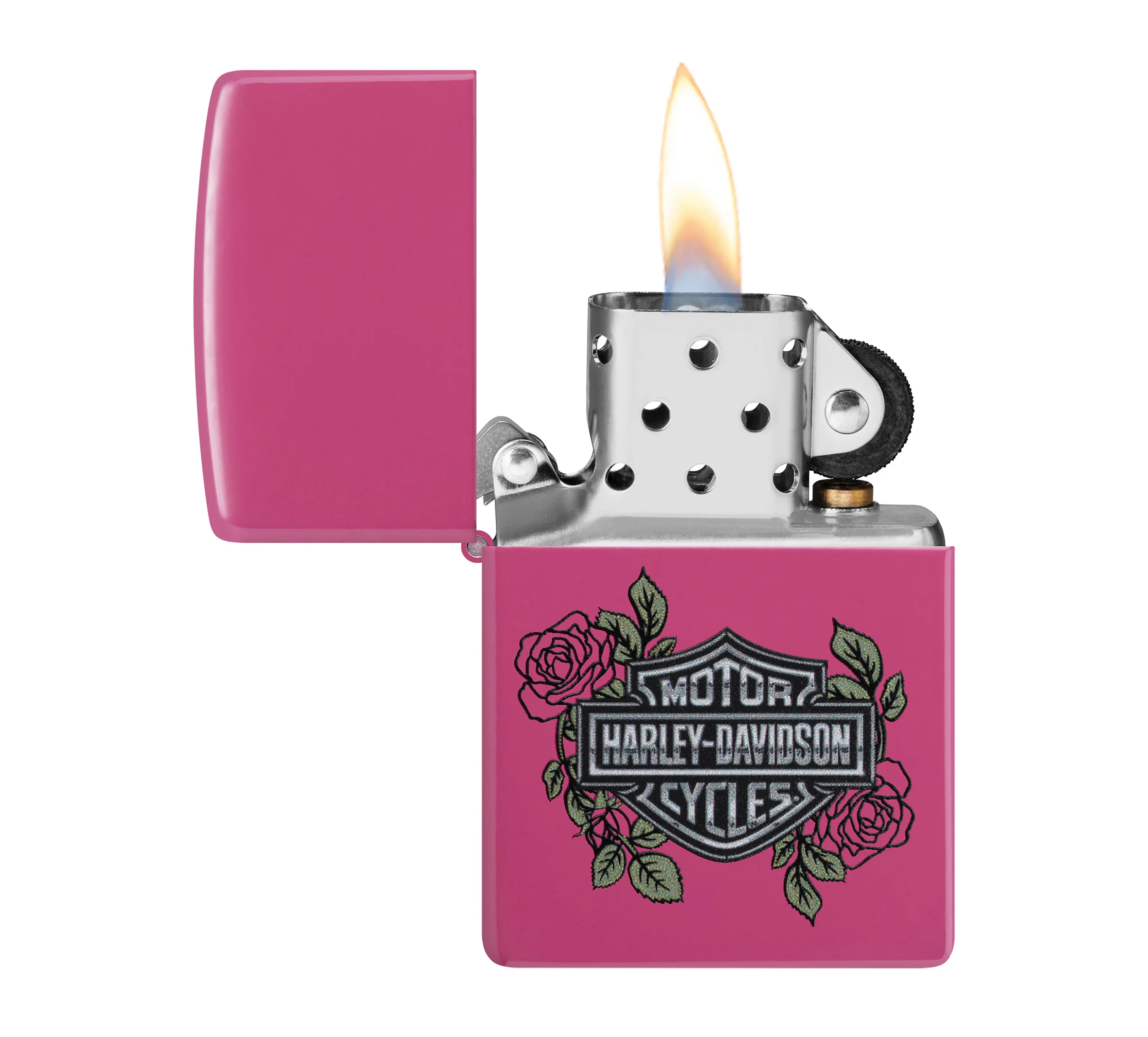 Harley-Davidson Bar and Shield Logo with Roses Color Image Pink Matte Windproof Lighter