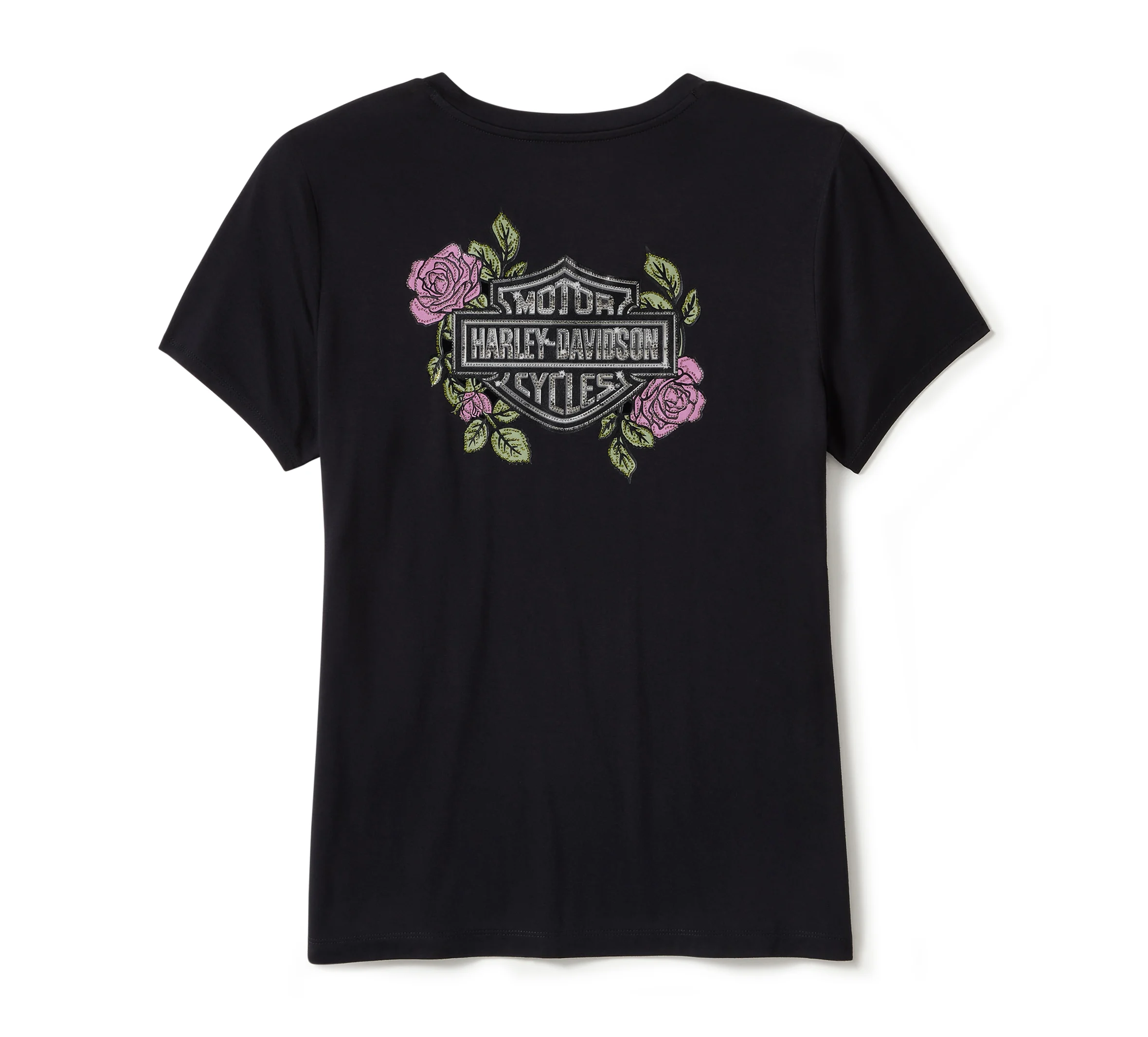 Women's Rose & Thorn Bling V Neck Tee - Harley Black