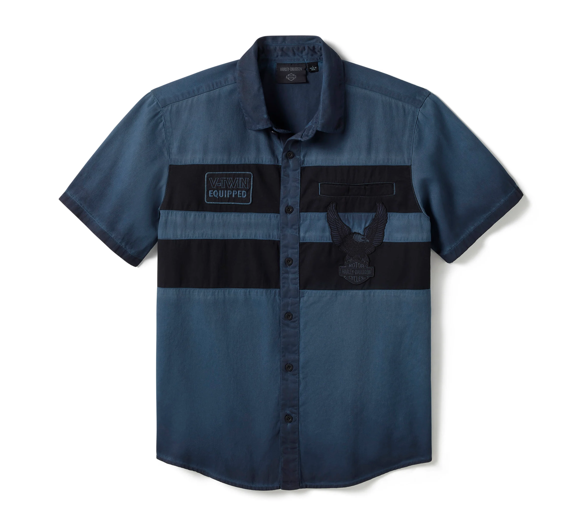 Men's Iron Bond II Short Sleeve Shirt - Colorblock - Mood Indigo & Harley Black