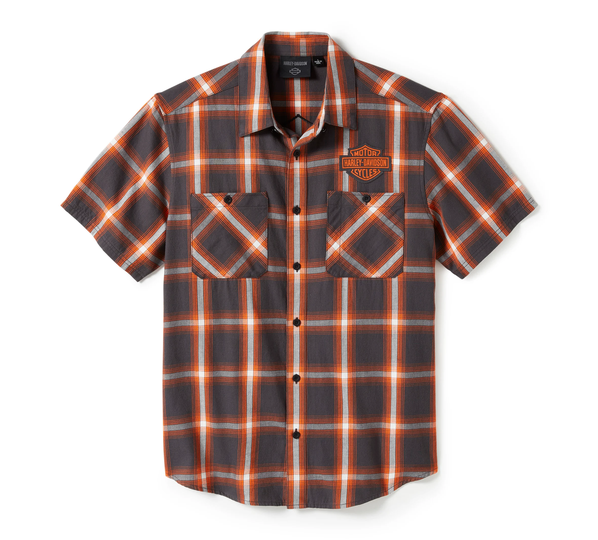 Men's Bar & Shield Staple Short Sleeve Shirt - Plaid - Asphalt & Harley Orange