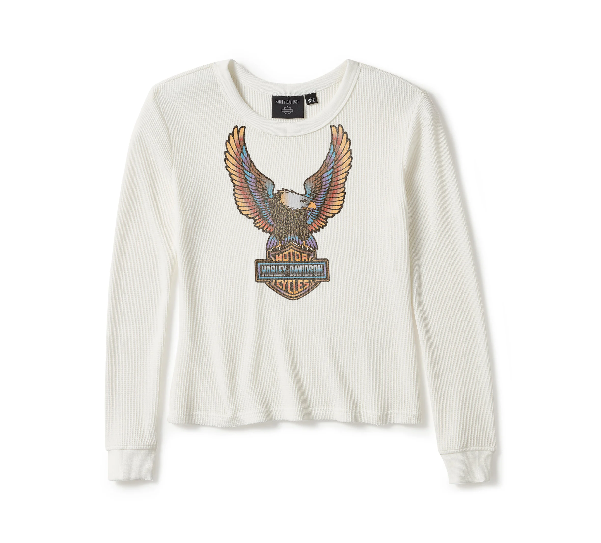 Women's Neon Eagle Distressed Waffle Knit Long Sleeve - Cloud Dancer