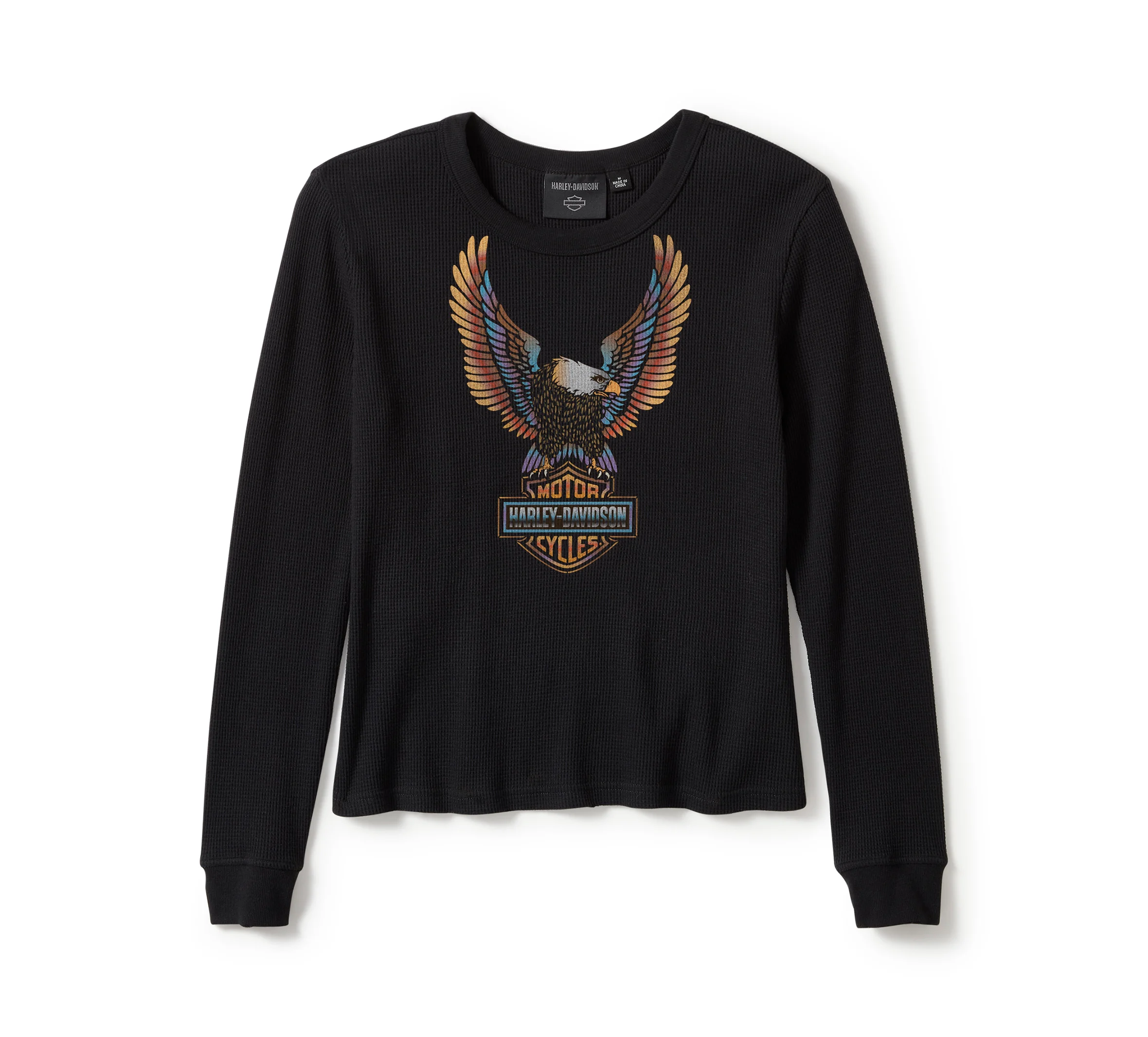 Women's Neon Eagle Distressed Waffle Knit Long Sleeve - Harley Black