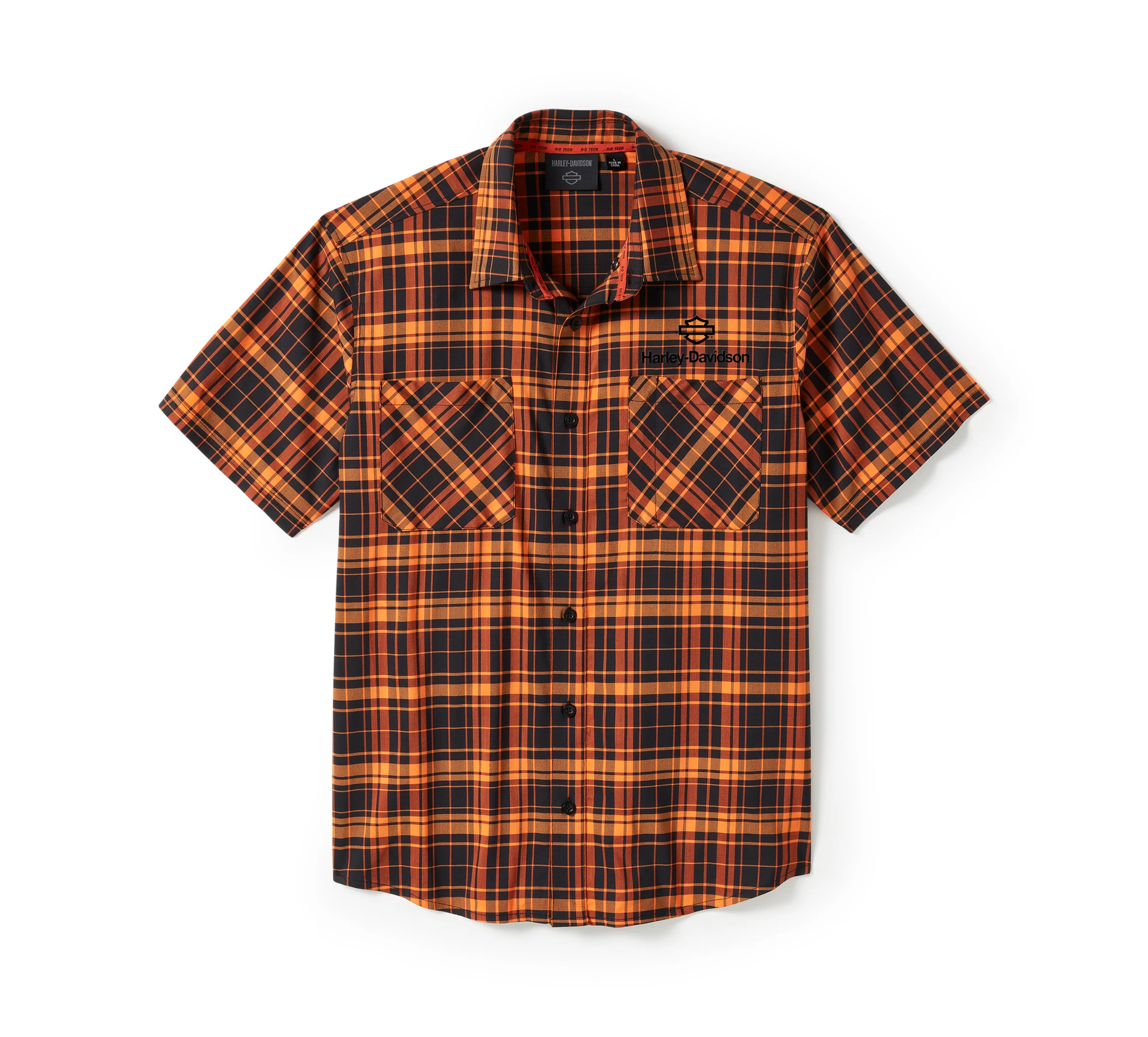 Men's H-D TECH Coolmax Plaid Short Sleeve Shirt - Plaid - Harley Black & Harley Orange