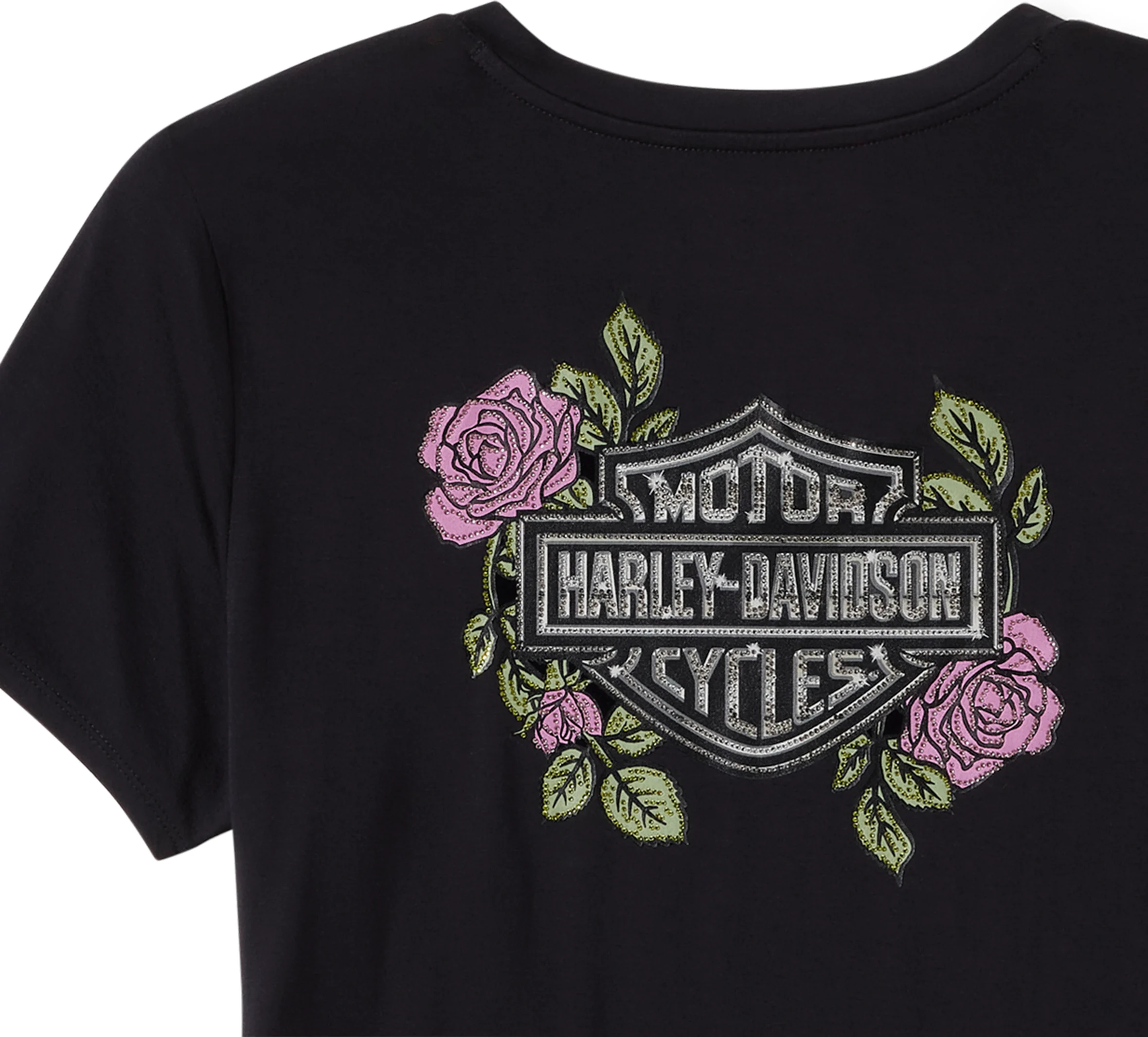 Women's Rose & Thorn Bling V Neck Tee - Harley Black