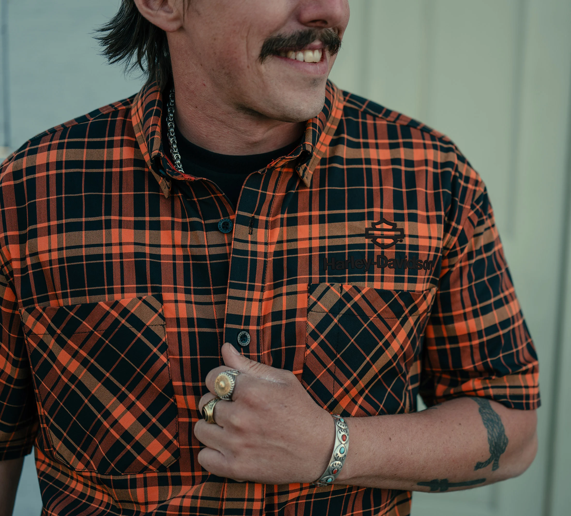 Men's H-D TECH Coolmax Plaid Short Sleeve Shirt - Plaid - Harley Black & Harley Orange