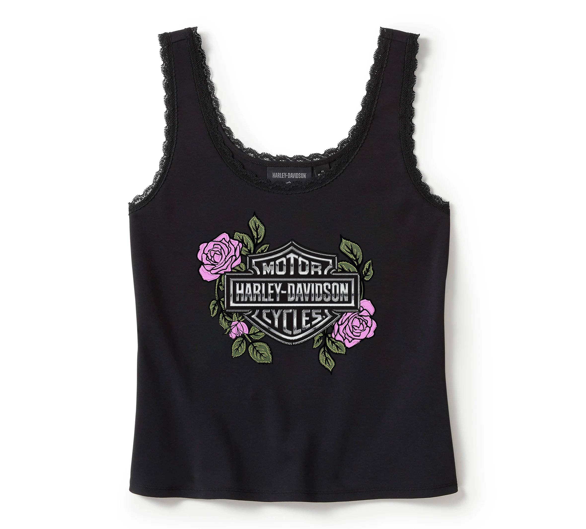 Women's Rose & Thorn Bling Lace Trim Tank - Harley Black