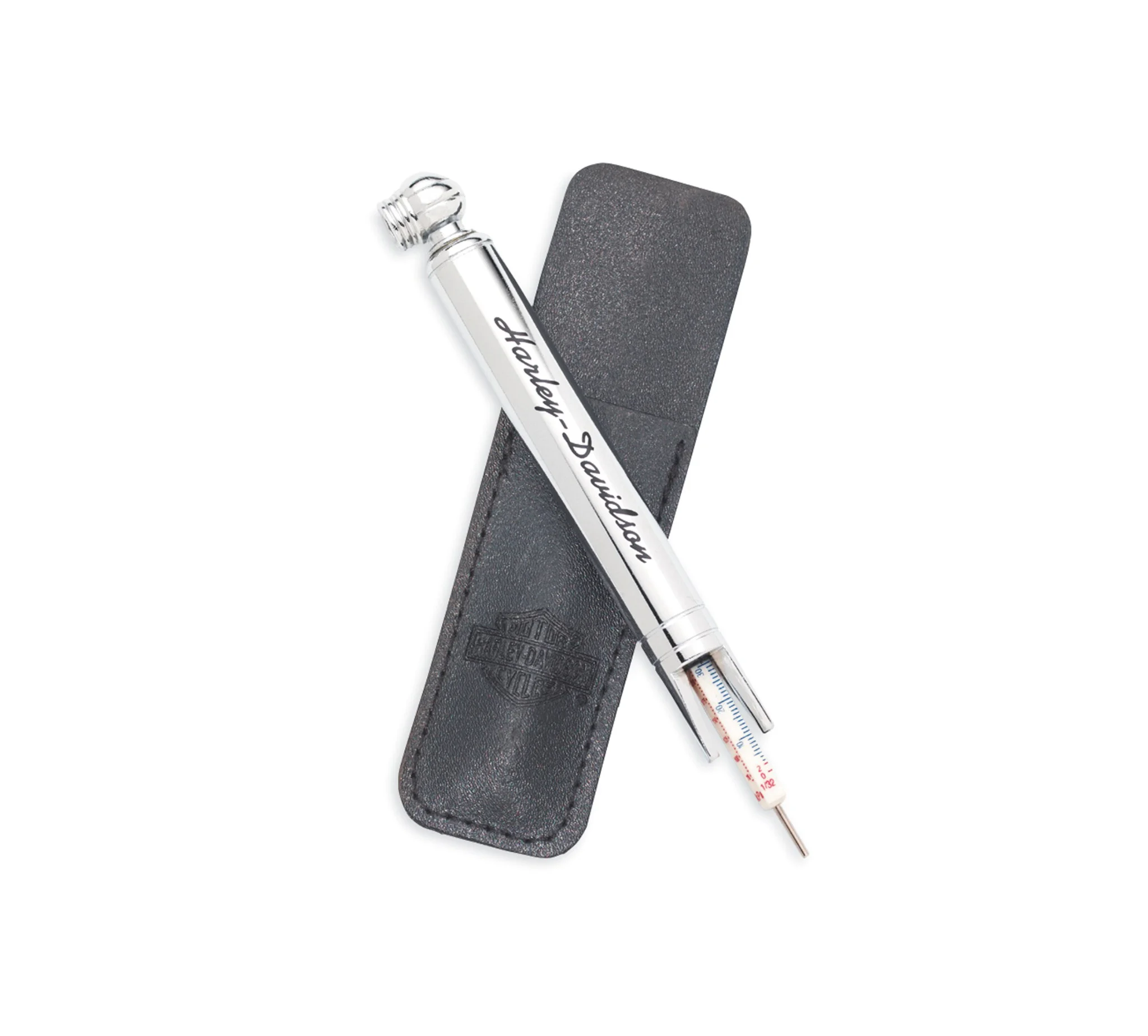 Tire Gauge and Tread Depth Indicator with Embossed Leather Pouch