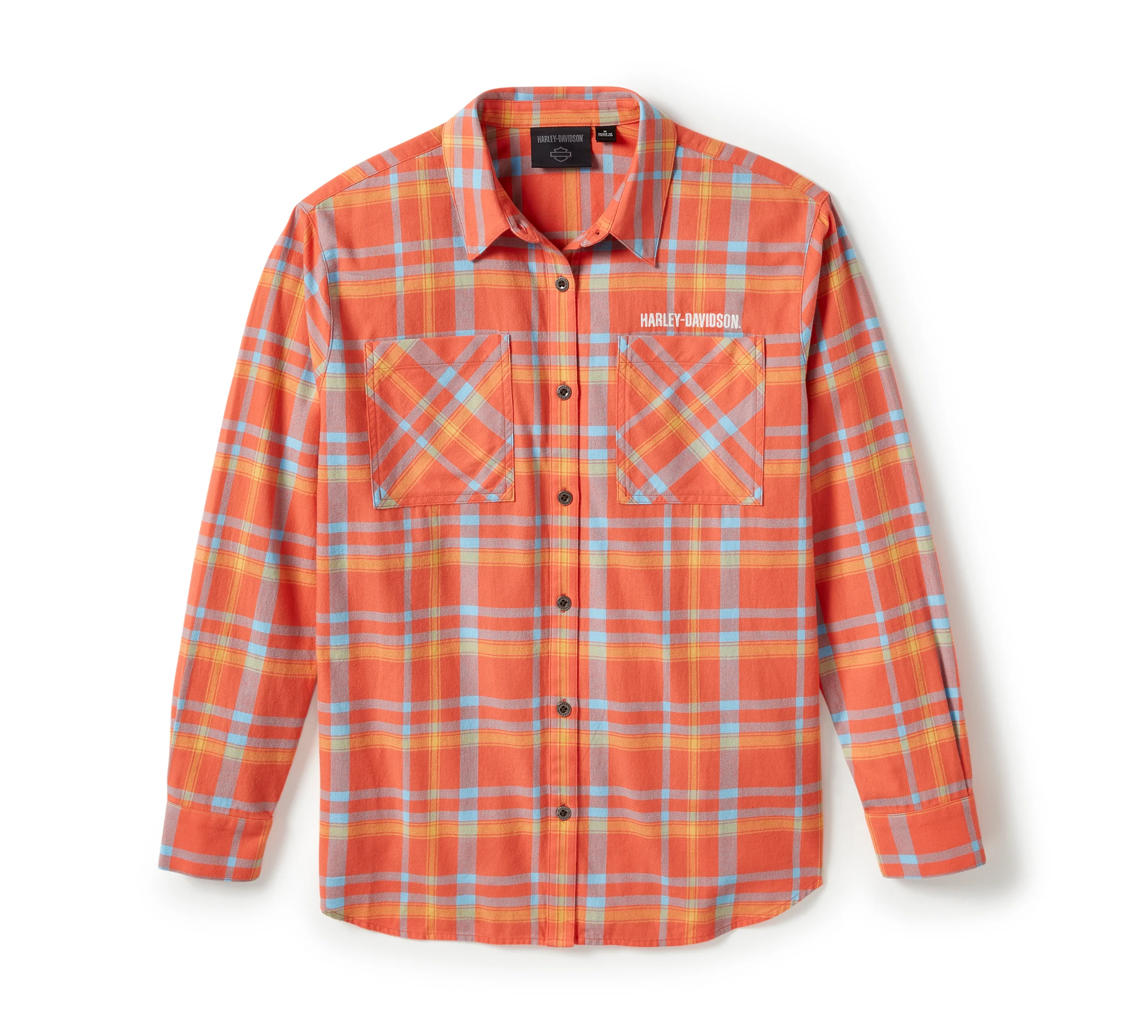 Women's Patch Woven Long Sleeve Shirt - Plaid - Hot Coral & AlaskanBlue
