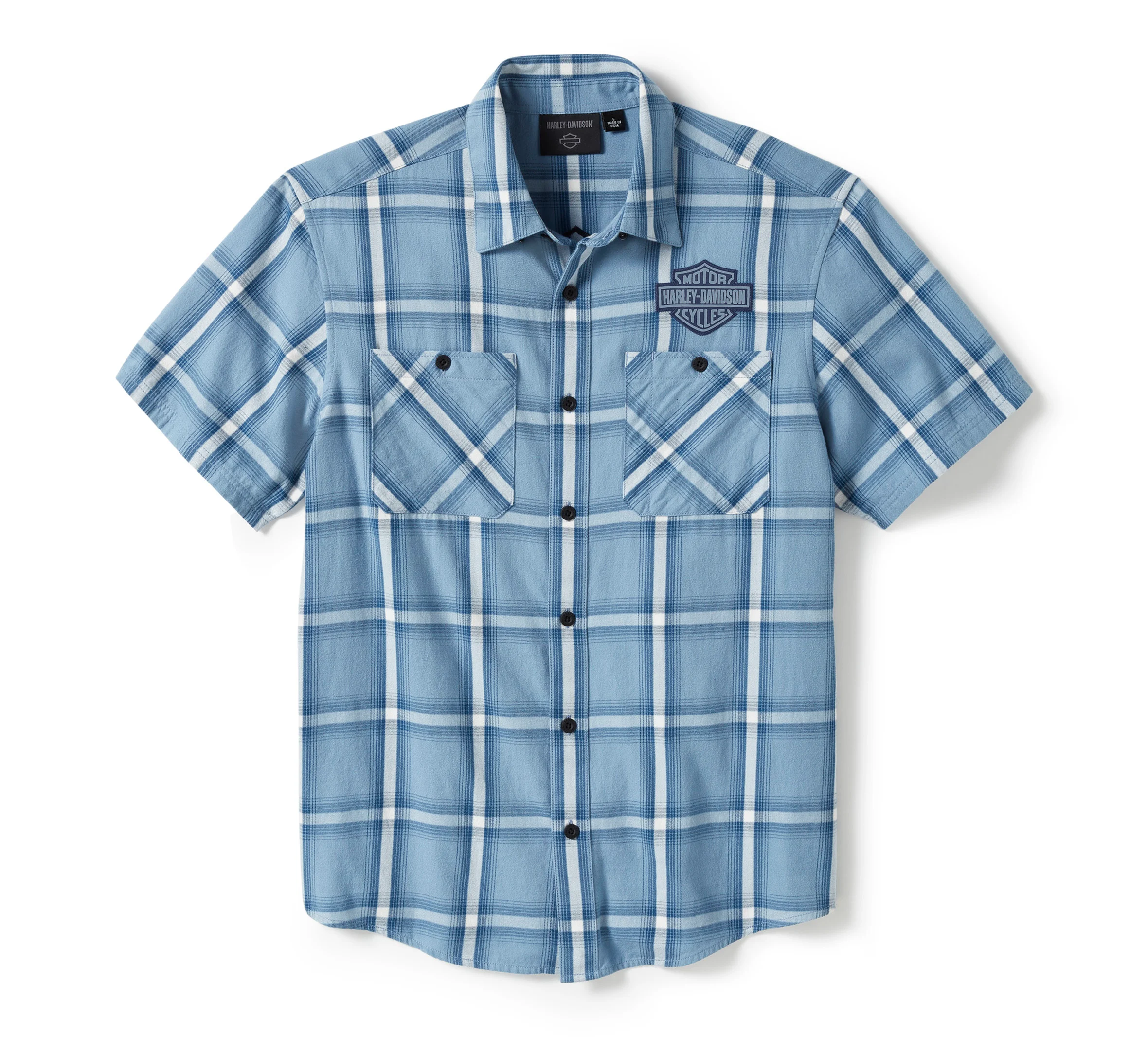 Men's Bar & Shield Staple Short Sleeve Shirt - Plaid - Faded Denim & Cloud Dancer