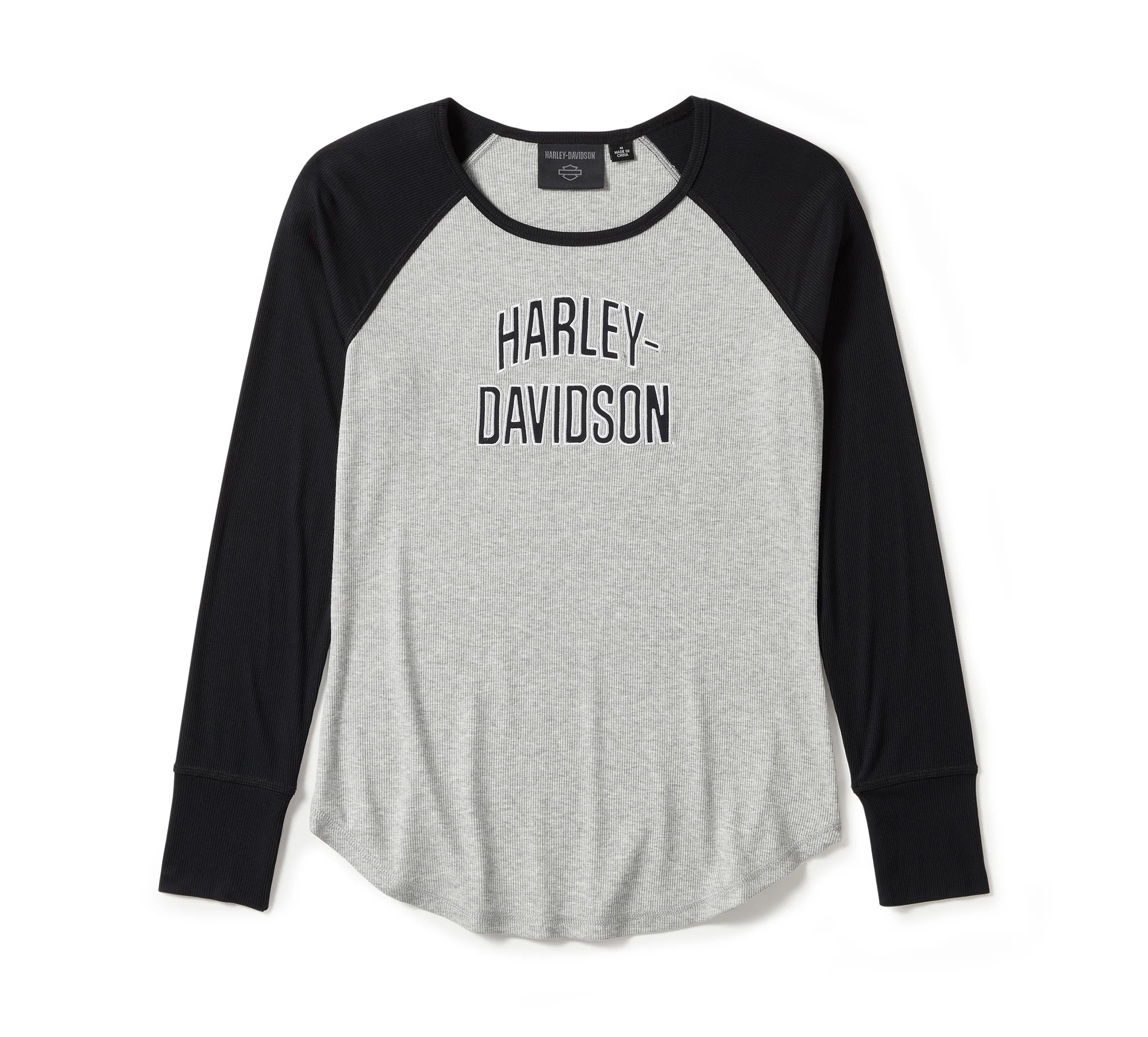 Women's Essential Arched Font Long Sleeve Raglan - Colorblock - Light Grey Heather & Harley Black