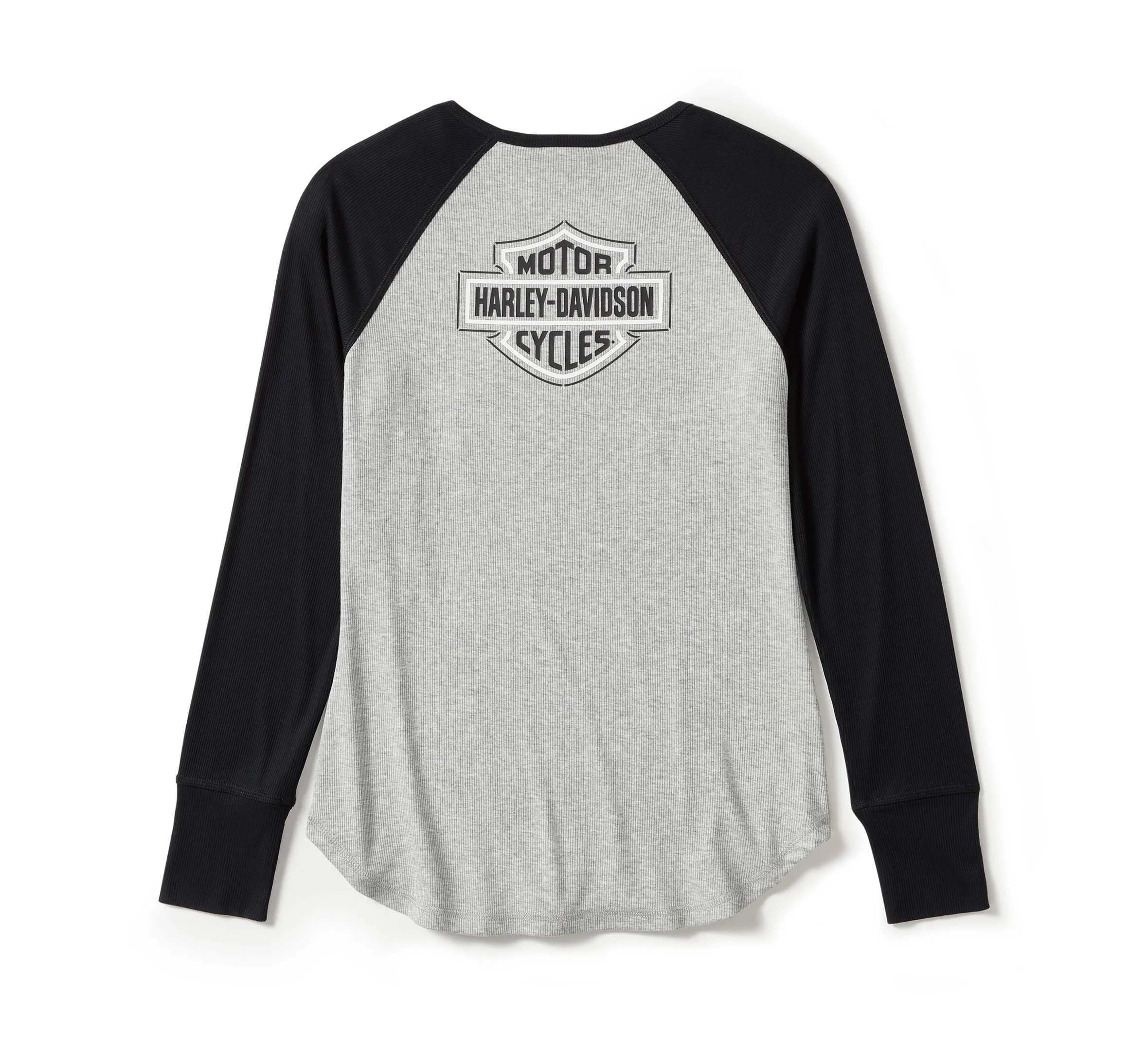 Women's Essential Arched Font Long Sleeve Raglan - Colorblock - Light Grey Heather & Harley Black