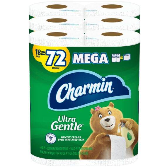 Charmin Ultra Gentle Toilet Paper, 18 Mega Rolls = 72 Regular Rolls, 6 Count (Pack of 3) – Packaging May Vary
