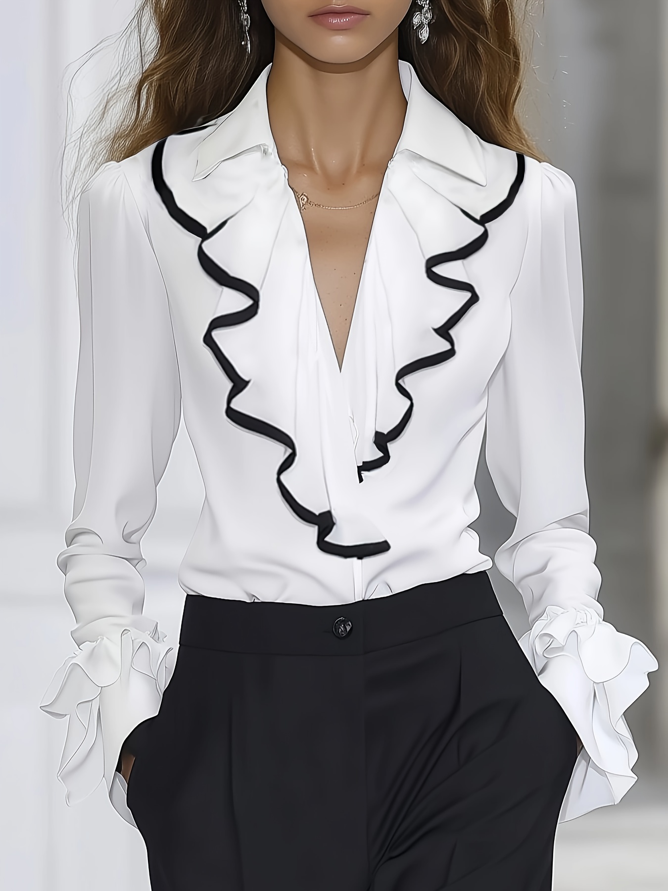 Elegant Deep V-Neck Blouse with Ruched Detail – Long Sleeve, White Button-Up Shirt for Women, Perfect for Mature and Formal Occasions, Formal Attire
