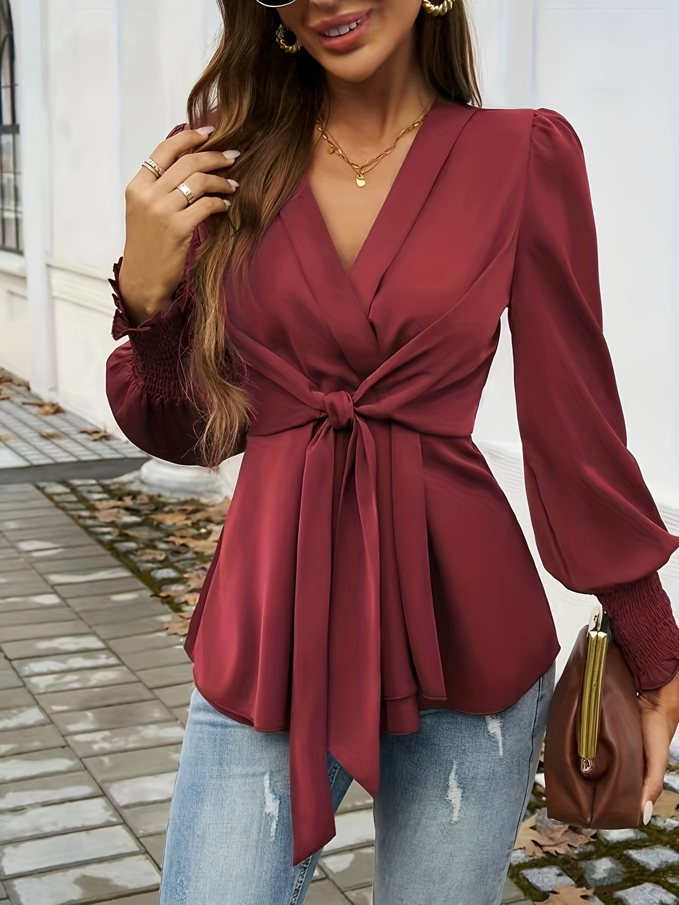 Elegant V-Neck Long Sleeve Shirt for Women - Solid Color, Woven Polyester, Tie Detail, Adult Spring/Fall Collection