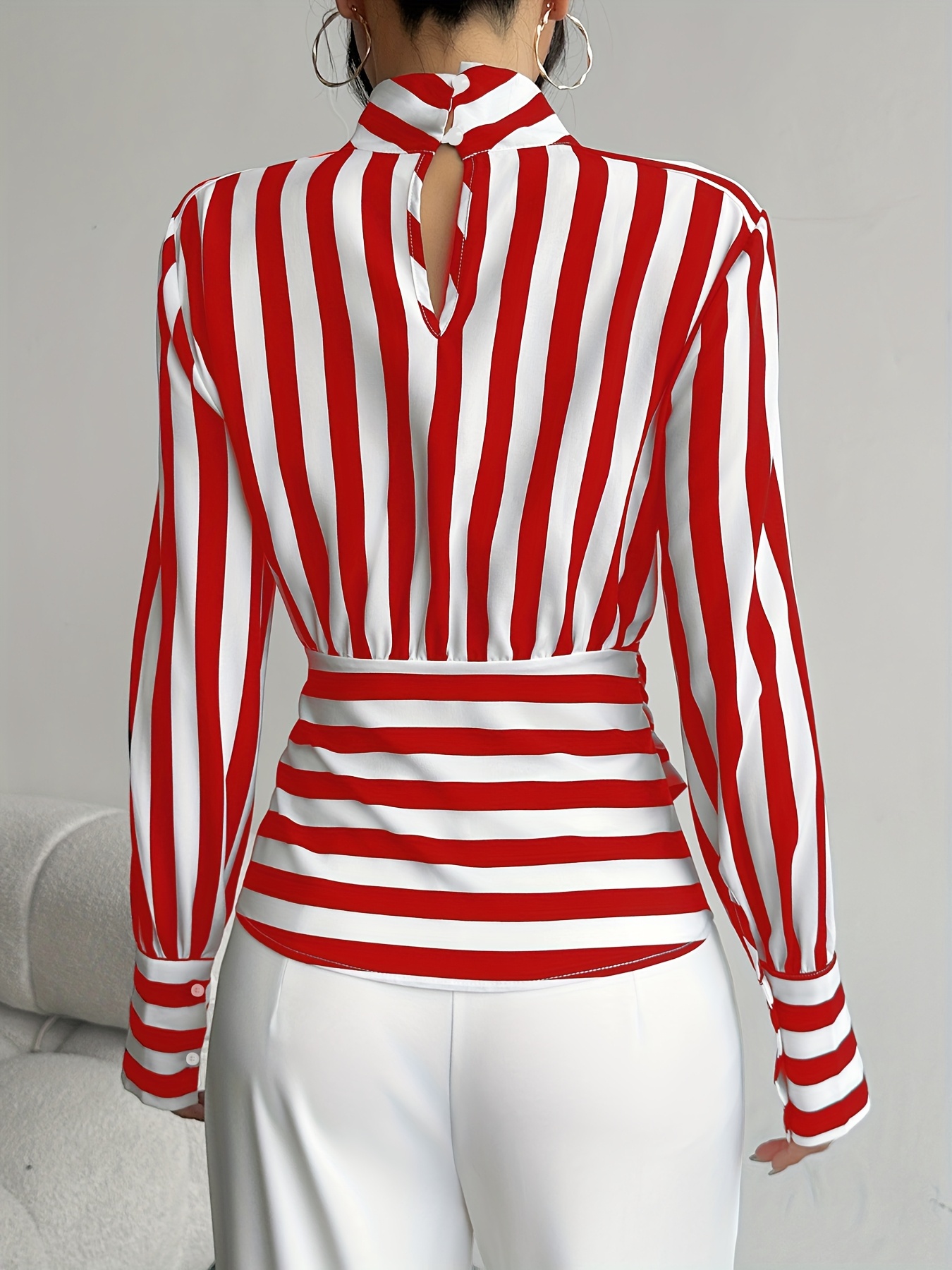 [Elegant Blouse] Elegant High Neck Long Sleeve Blouse | Women’s Bold Blue/White Stripes with Adjustable