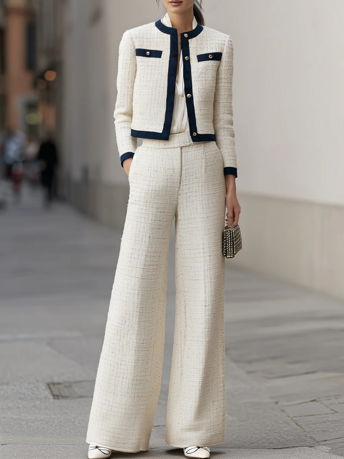 Women’s Autumn Tweed Suit, Short Blazer + Wide – leg Pants, Contrast – Trim Design, Suitable for Workplace/ Dates/ Afternoon Tea, High