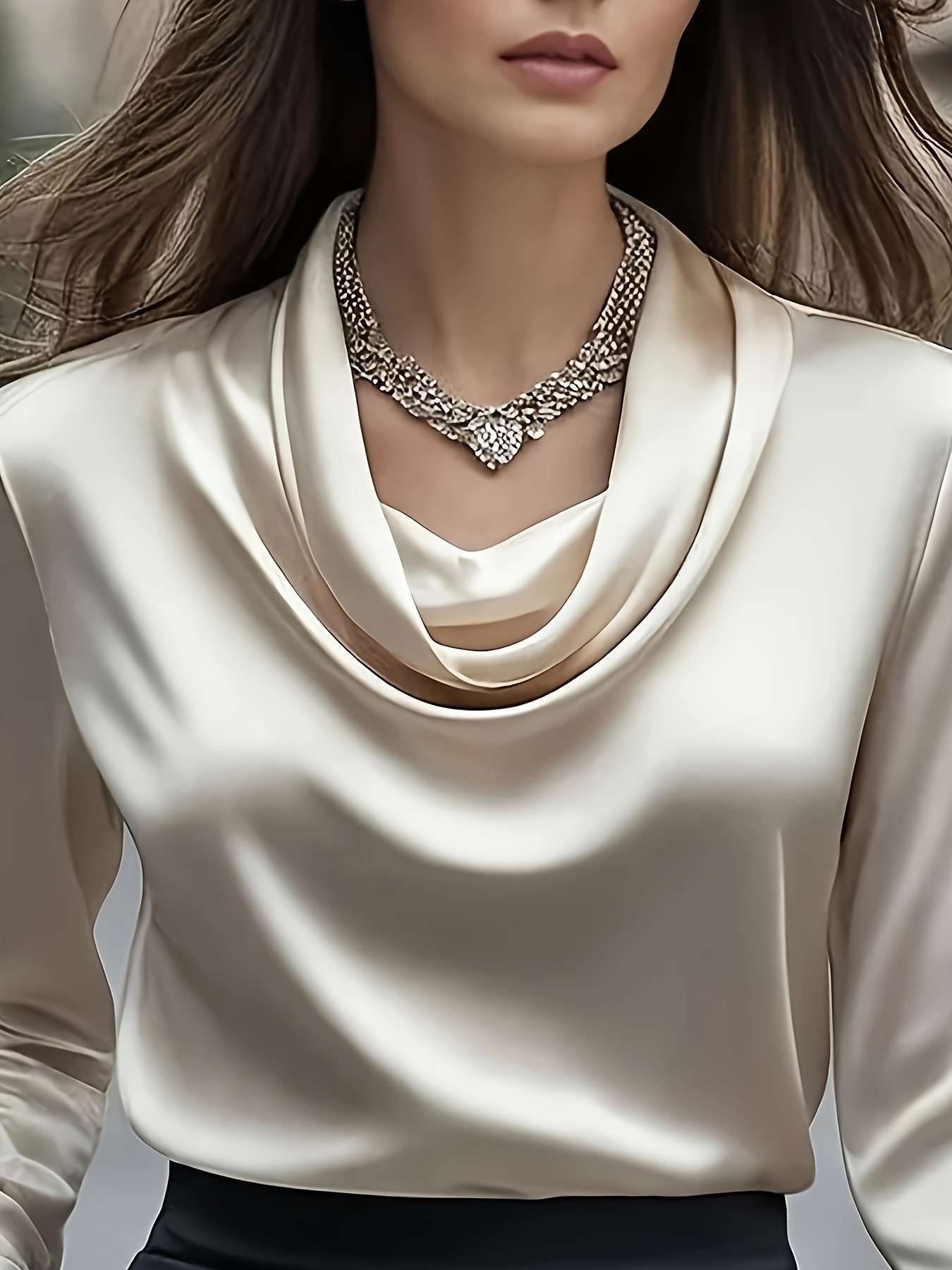 Women’S Elegant Satin Blouse with Puff Sleeves & Button Front – Chic Long Sleeve Shirt for All Seasons