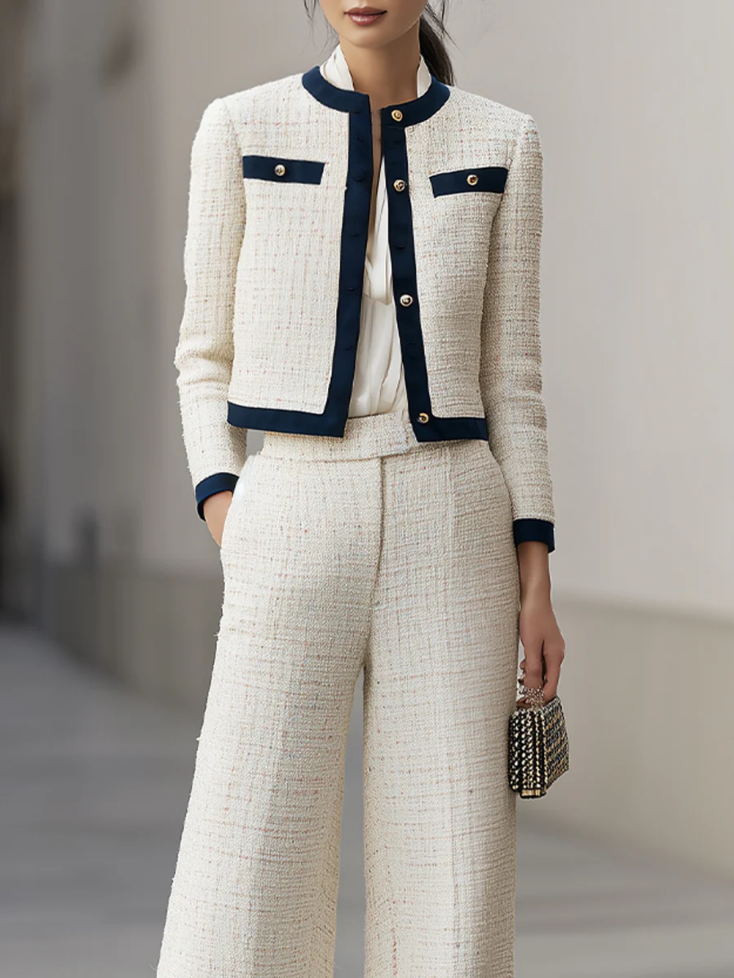 Women’s Autumn Tweed Suit, Short Blazer + Wide – leg Pants, Contrast – Trim Design, Suitable for Workplace/ Dates/ Afternoon Tea, High