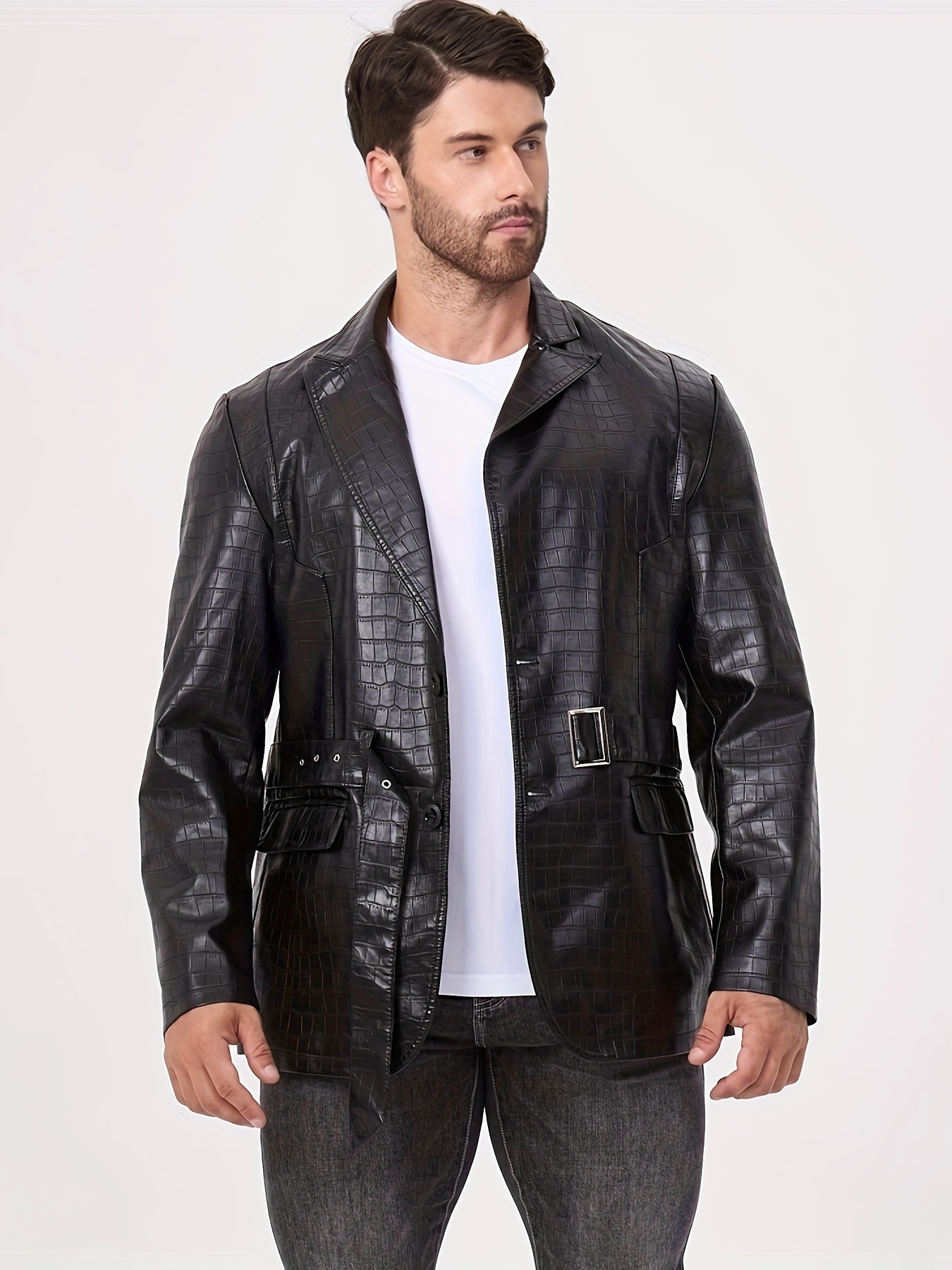 Men's Stylish Brown Blazer - Casual Business Motorcycle Jacket with Crocodile Texture, Buttoned Lapels, and Side Pockets for Spring/Fall