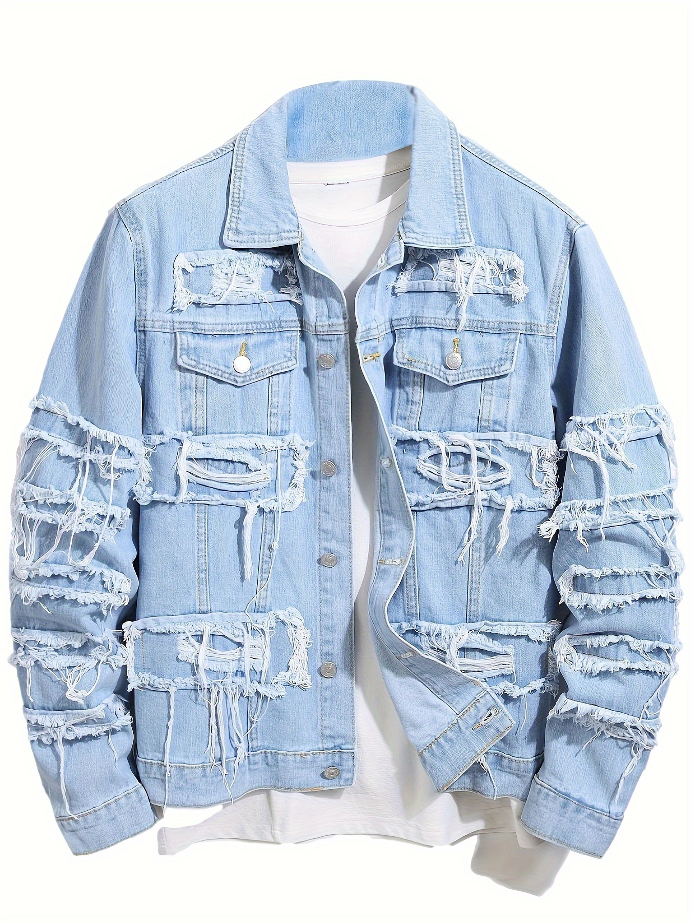 Men'S Ripped Denim Jacket Slim Fit Jean Outerwear Streetwear Casual Coat