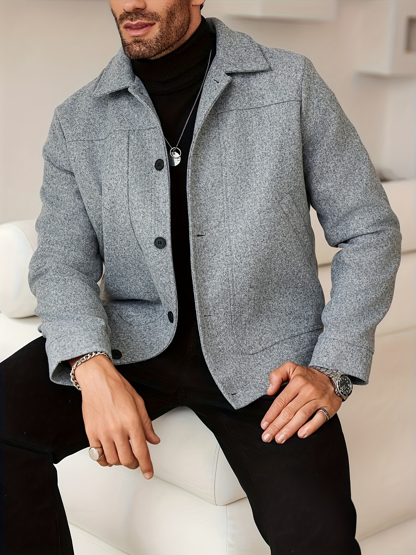 Men'S British Style Casual Jacket - Beige Double-Breasted Blazer with Notch Lapel, Long Sleeves, and Button Details, Perfect for Spring/Fall