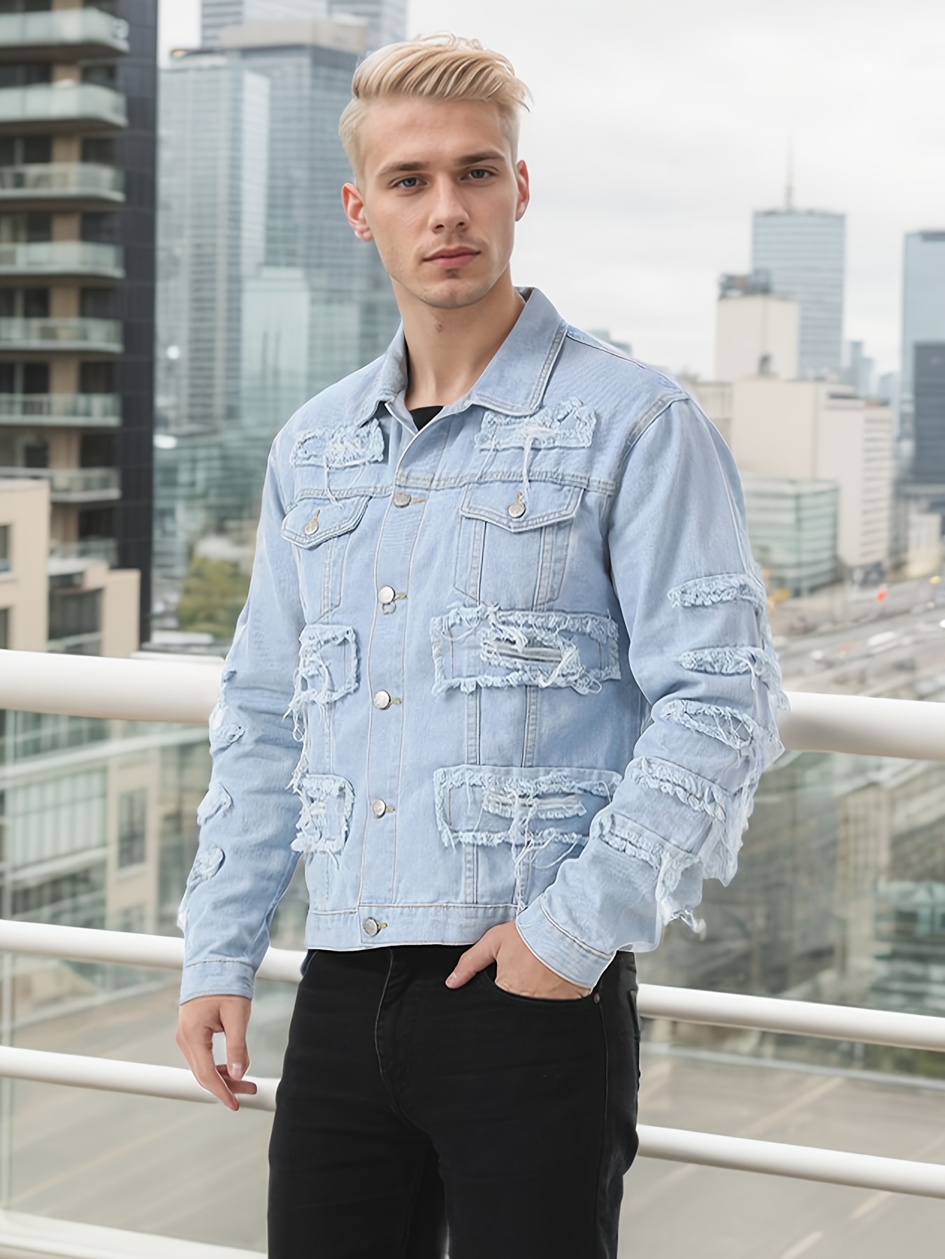 Men'S Ripped Denim Jacket Slim Fit Jean Outerwear Streetwear Casual Coat