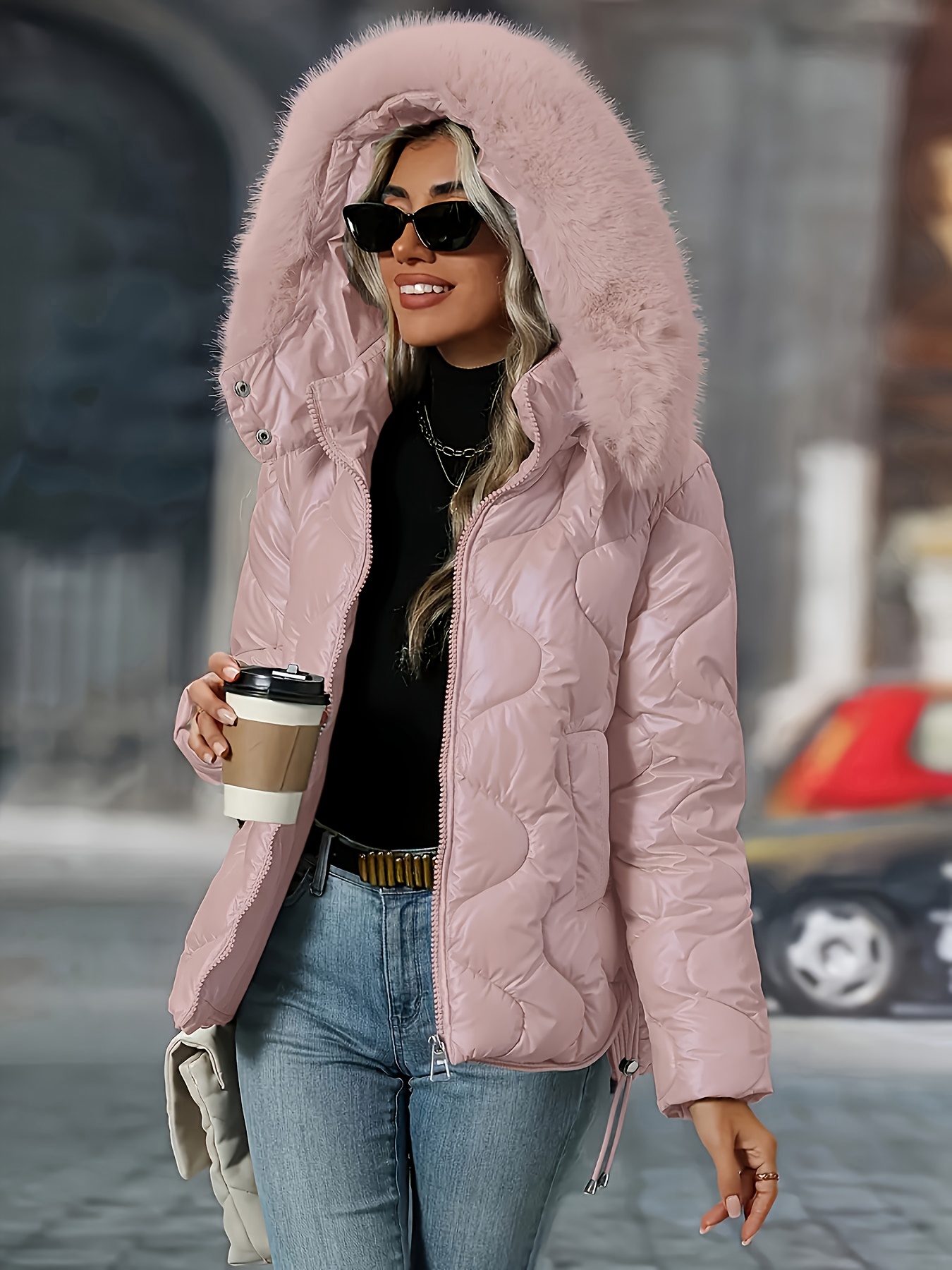 Women's Winter Jacket with Faux-Fur Hood & Collar - Pink/White Puffer Coat, Elegant Warm Outerwear for Cold Weather, Hand Washable Long Sleeve Blazer (No Belt/Hem Adjustments) - Casual to, Winter Coat Women, Jackets For Women