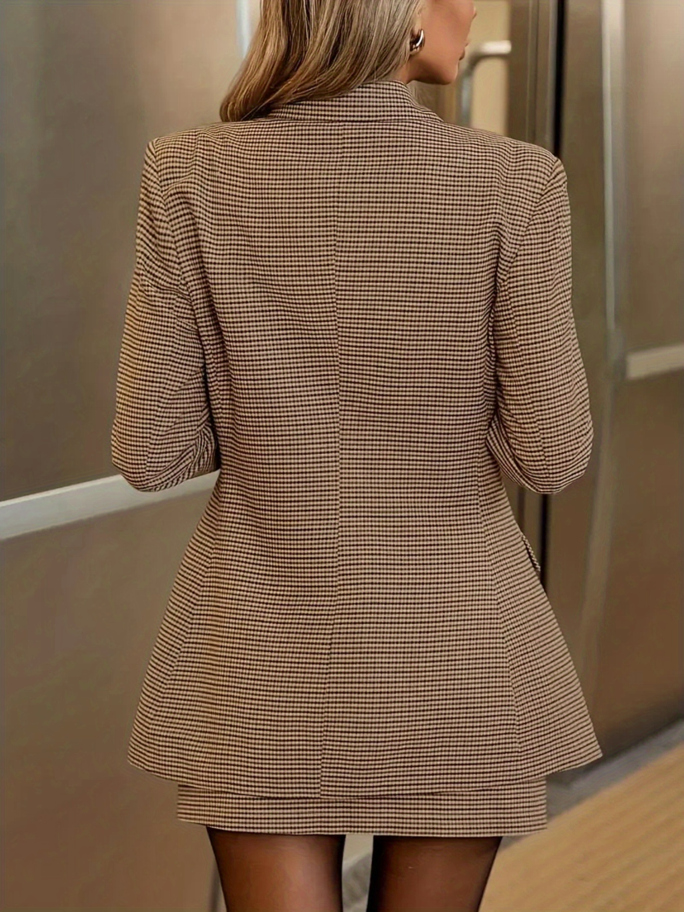 Retro Commuter Plaid Two-Piece Set Light Brown Lapel Blazer High-Waisted A-Line Mini Skirt Women's Fall/ Winter