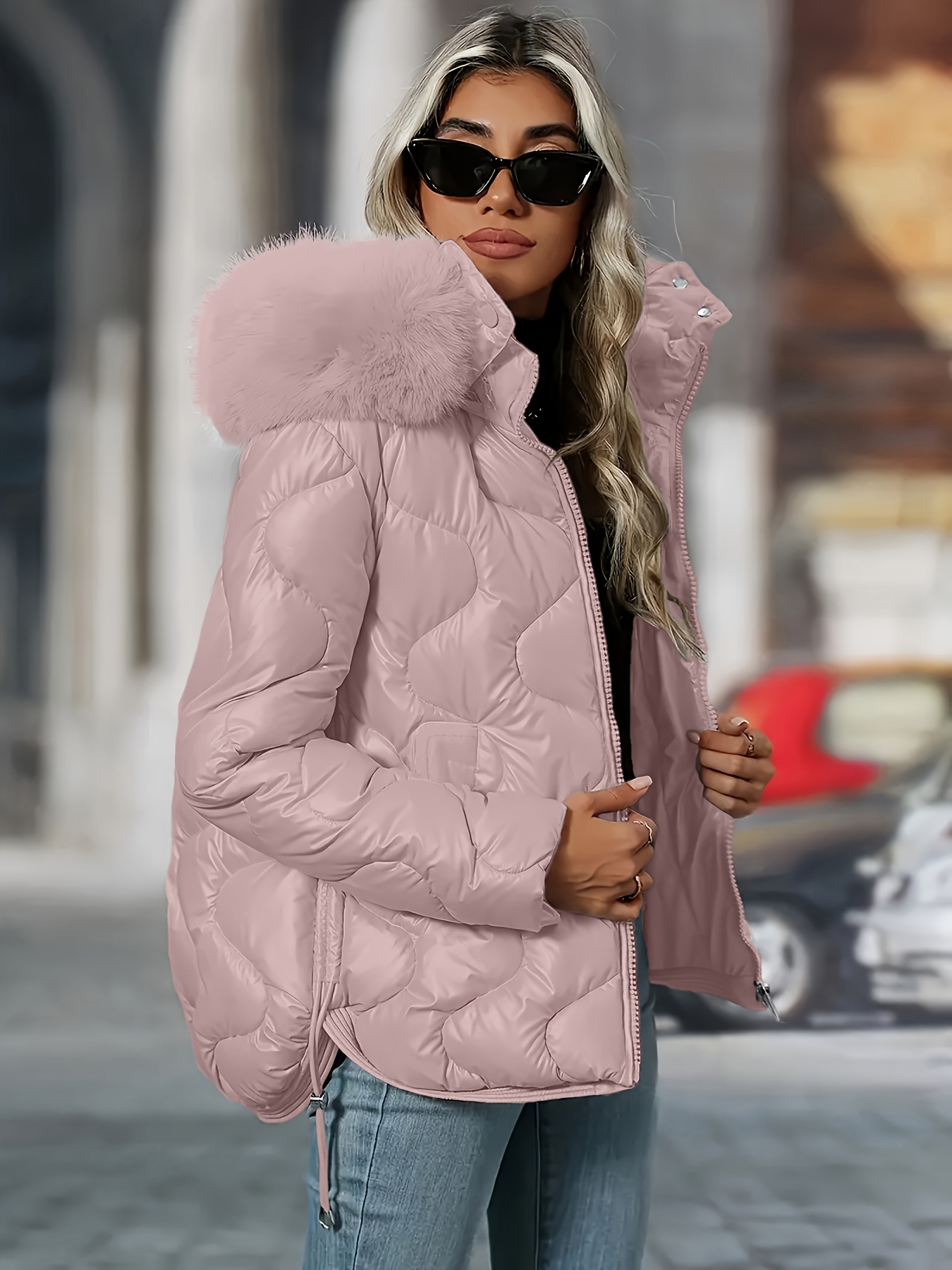 Women's Winter Jacket with Faux-Fur Hood & Collar - Pink/White Puffer Coat, Elegant Warm Outerwear for Cold Weather, Hand Washable Long Sleeve Blazer (No Belt/Hem Adjustments) - Casual to, Winter Coat Women, Jackets For Women