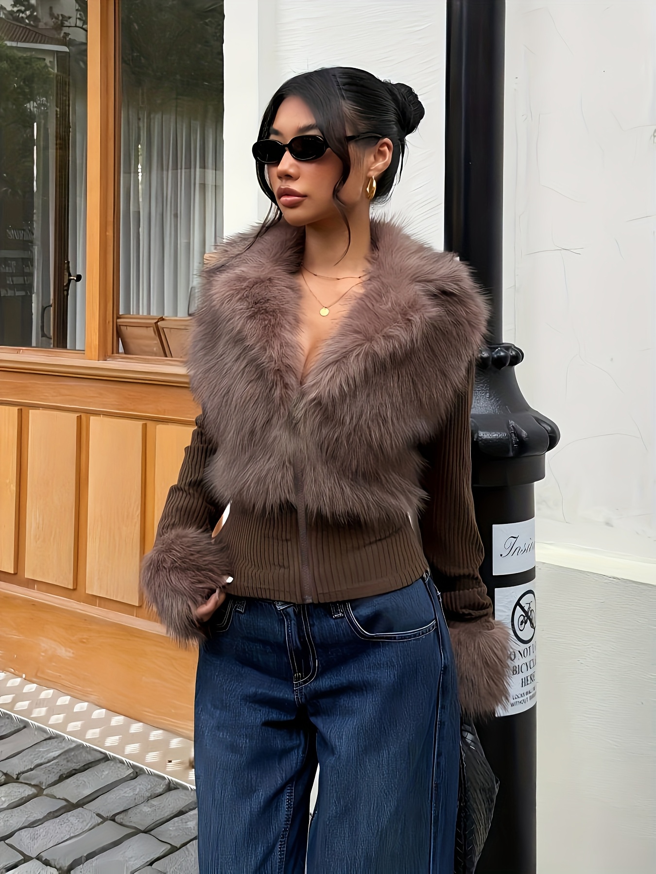 Women'S Elegant Faux Fur Coat - Long Sleeve Zipper Jacket with Contrast Collar, Chic Streetwear Outerwear for Fall/Winter, BrownRed