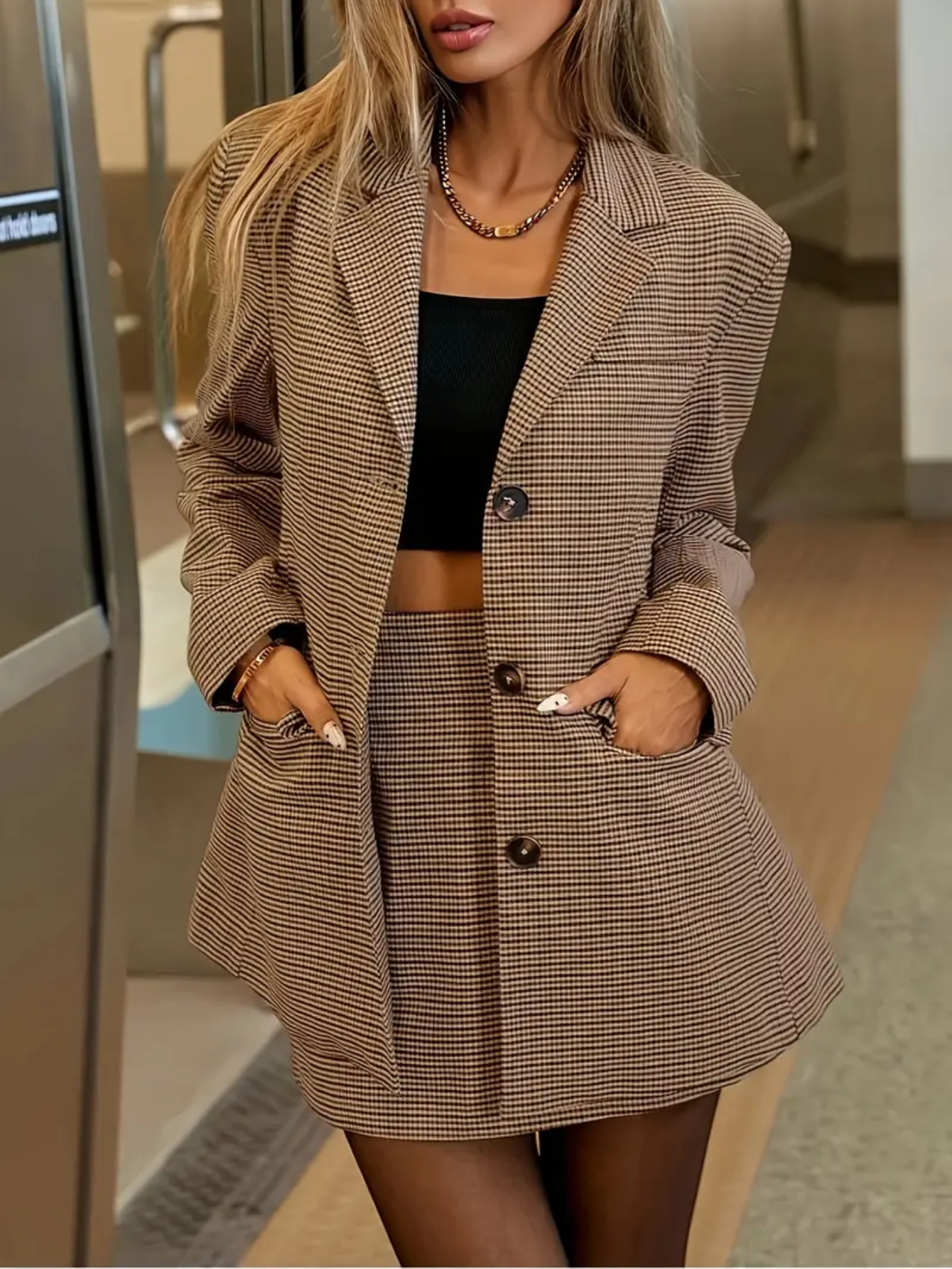 Retro Commuter Plaid Two-Piece Set Light Brown Lapel Blazer High-Waisted A-Line Mini Skirt Women's Fall/ Winter