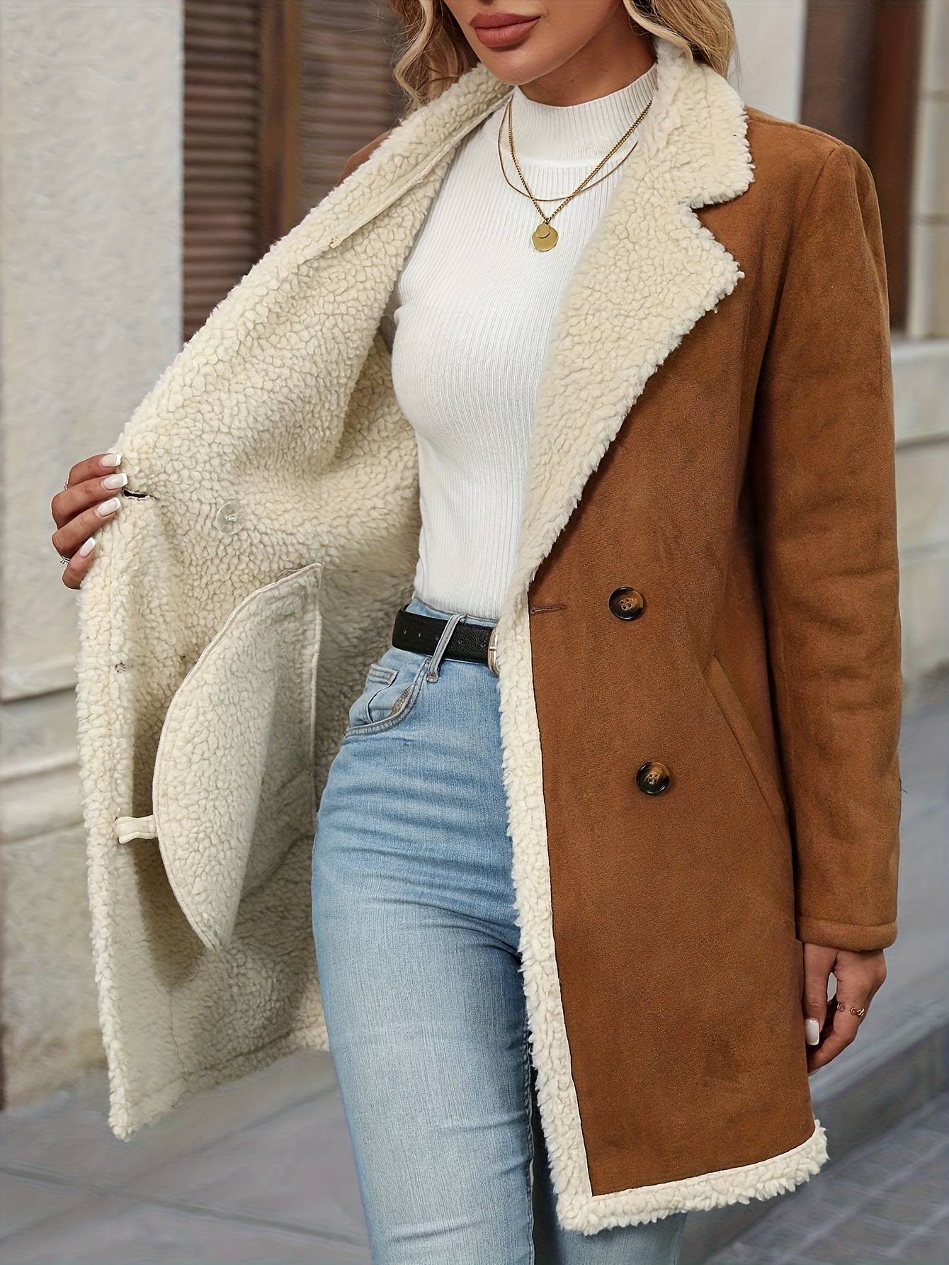 Women'S Elegant Long Sleeve Coat - Chic Brown Double-Breasted Jacket with Fluffy Lining, Button-Up Front, and Flap Pockets for Fall/Winter,