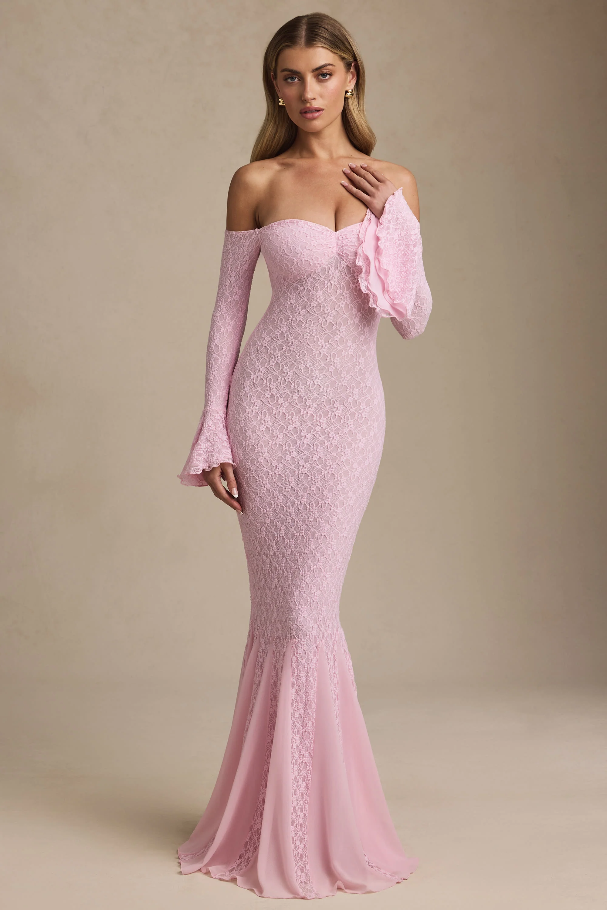 Off-Shoulder Ruffle Lace Maxi Dress in Soft Pink