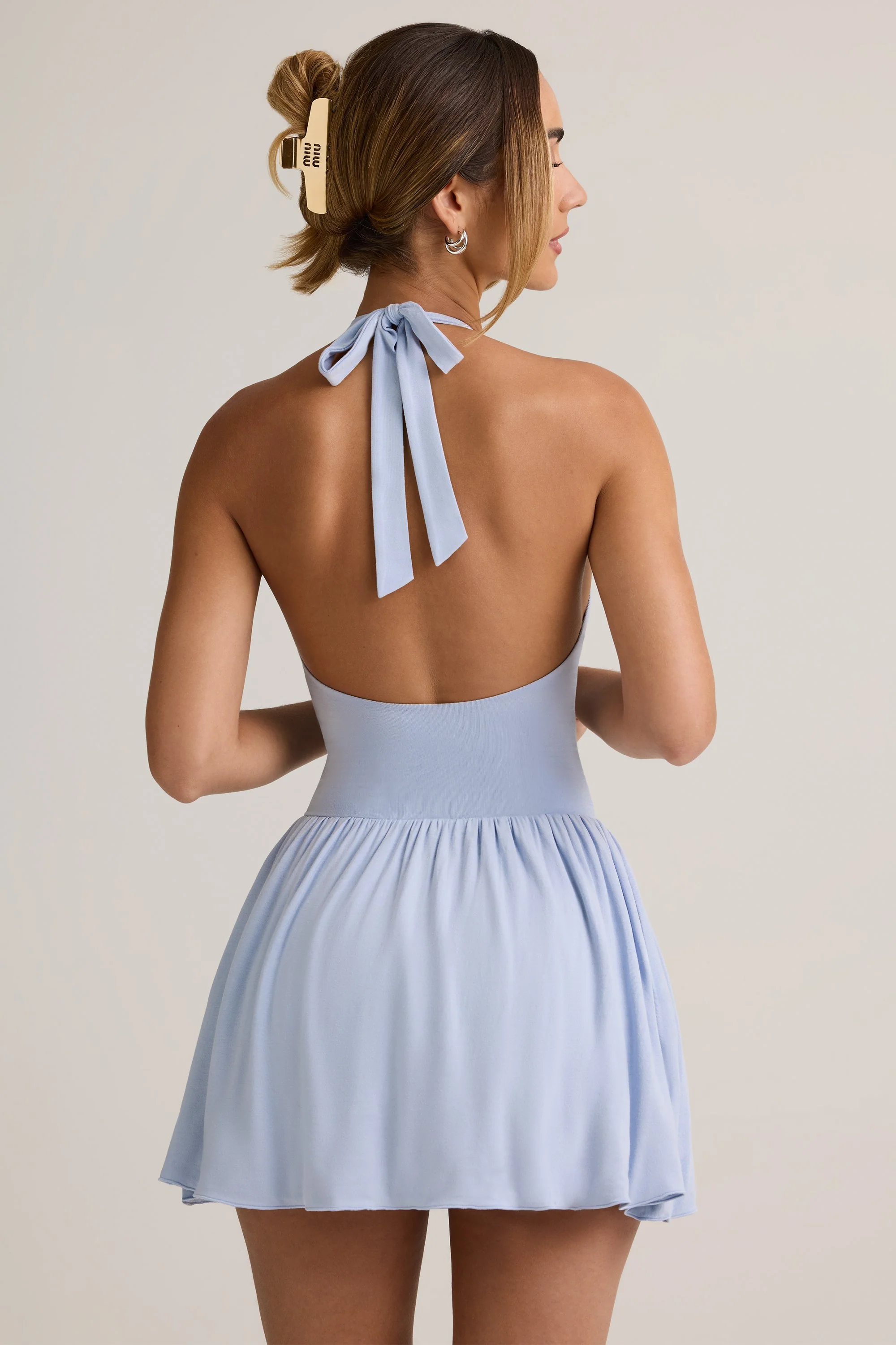 Modal Backless Halterneck Mini Dress in Light Blue