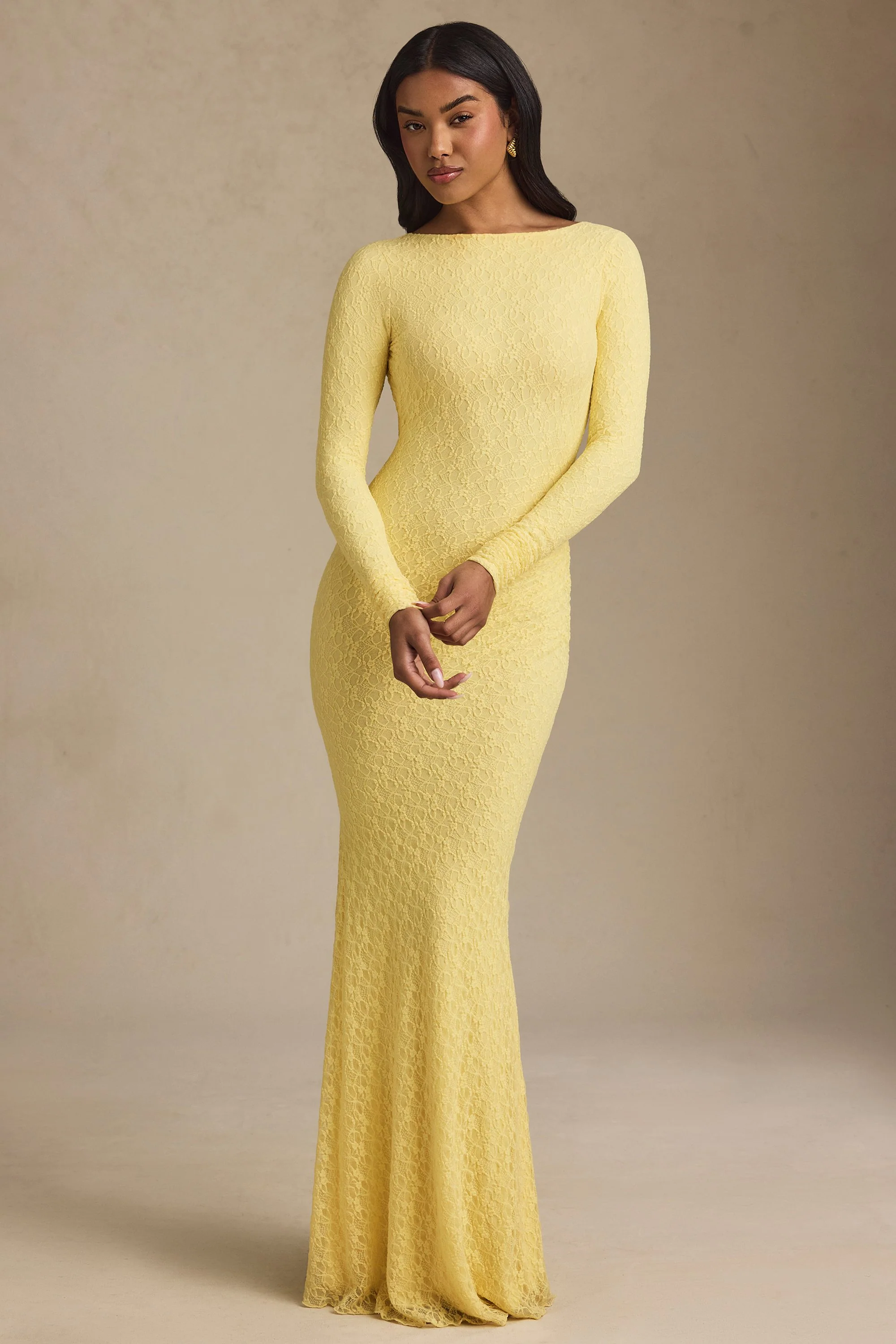 Ruched Backless Lace Maxi Dress in Pastel Yellow