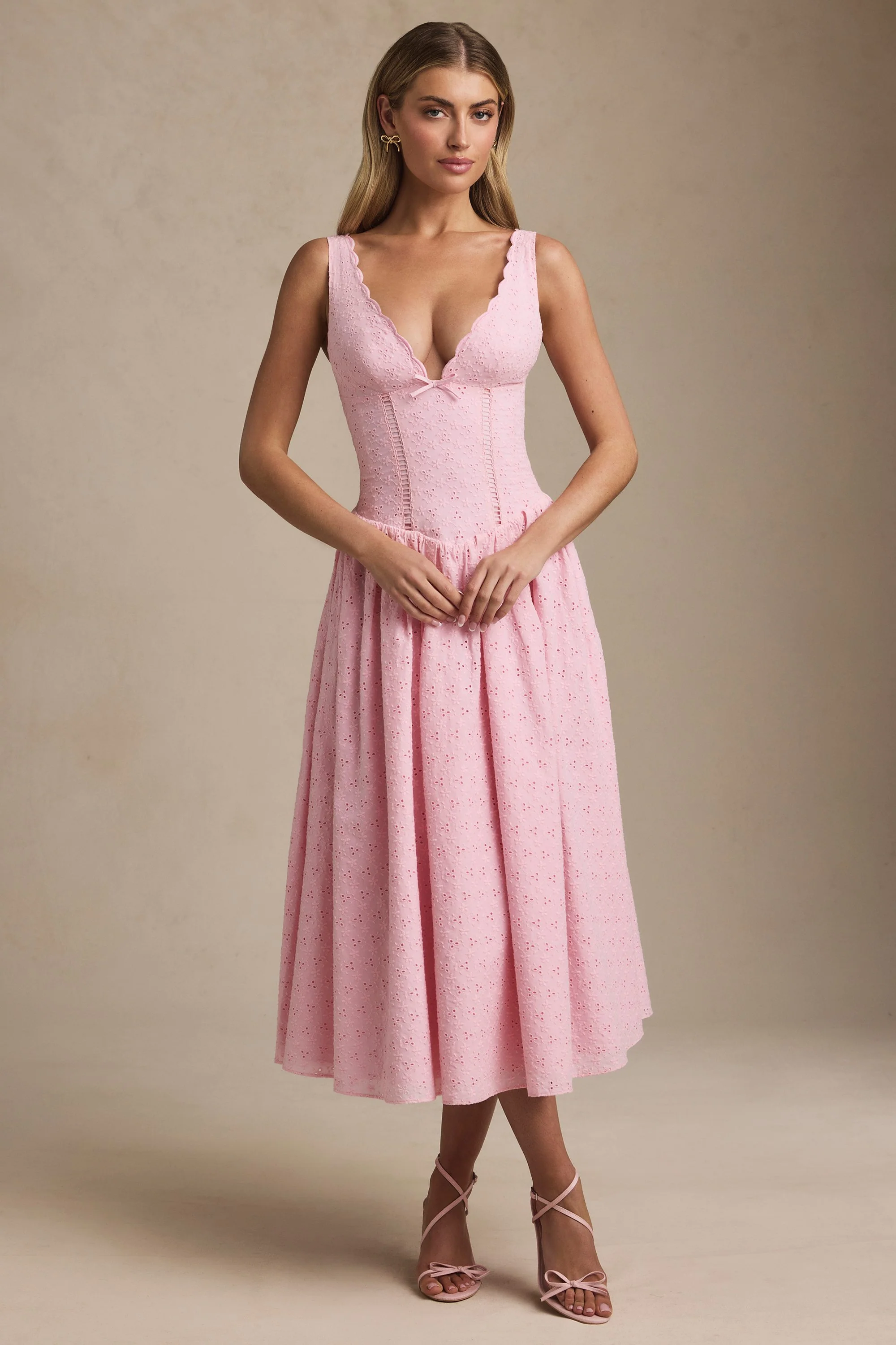Broderie Anglaise Bow-Detail A-Line Midaxi Dress in Soft Pink