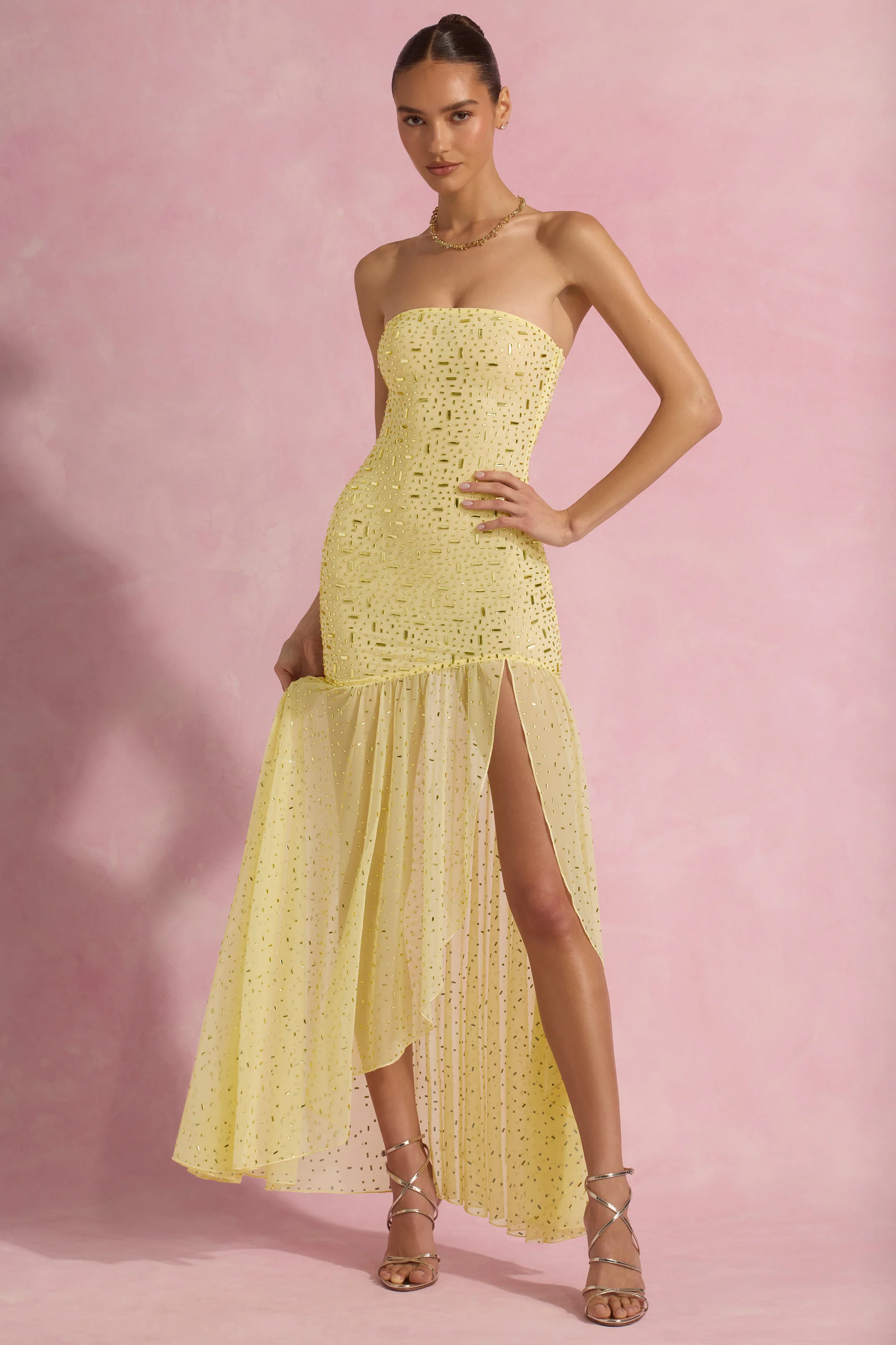 Semi-Sheer Embellished Asymmetric Maxi Dress in Yellow