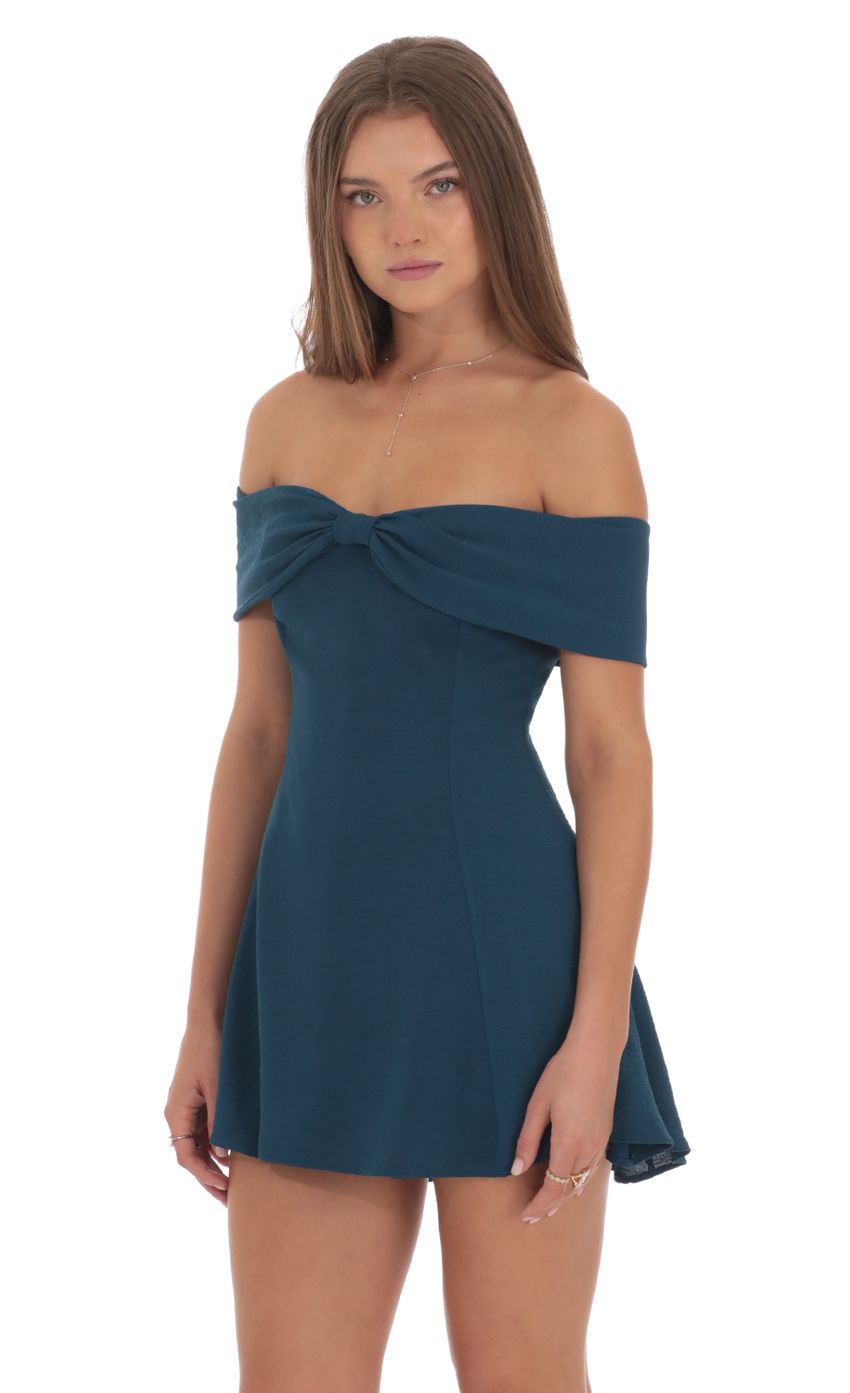 Front Bow Off Shoulder Dress in Dark Teal