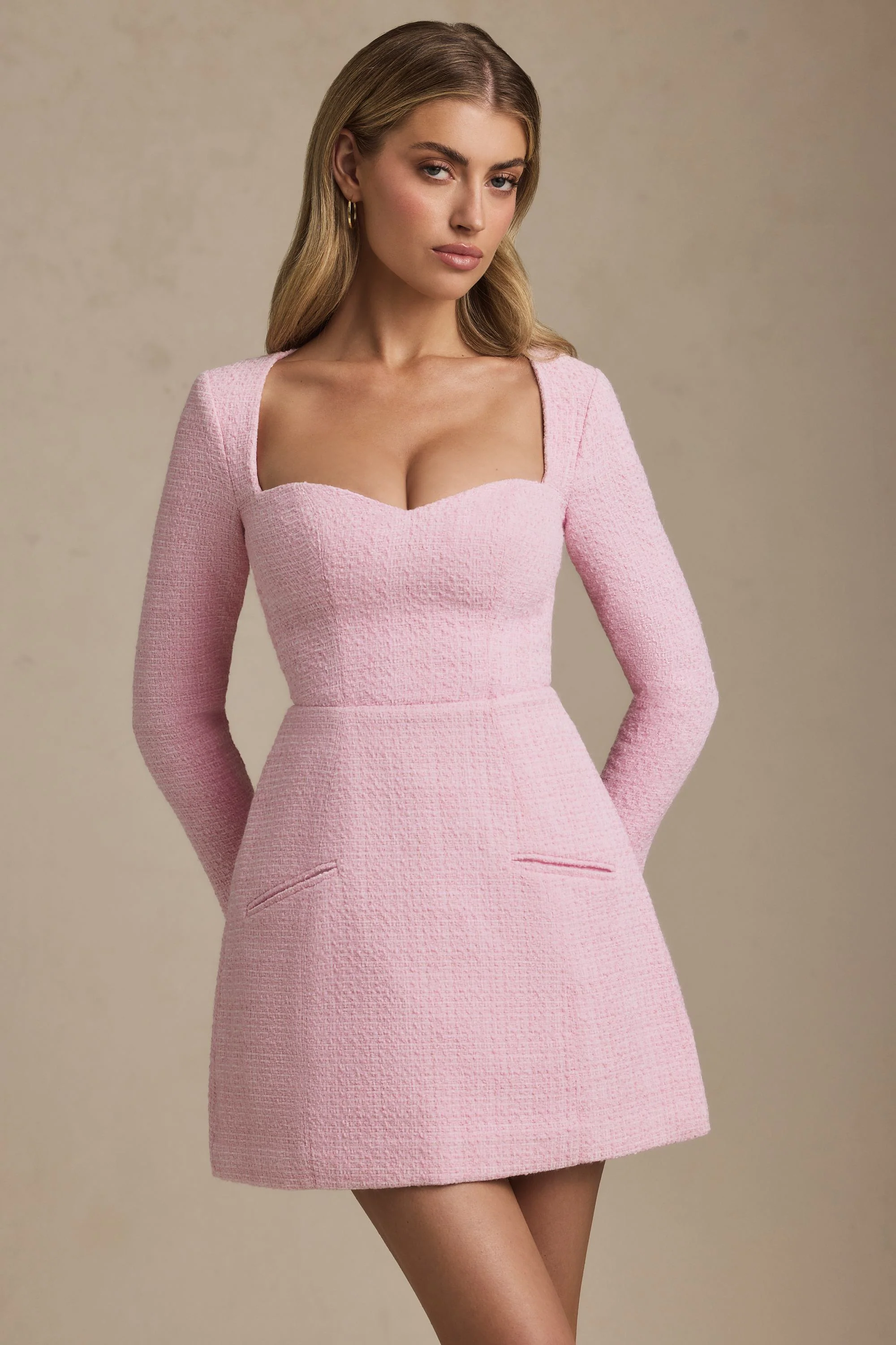 Sweetheart-Neck Structured Mini Dress in Soft Pink