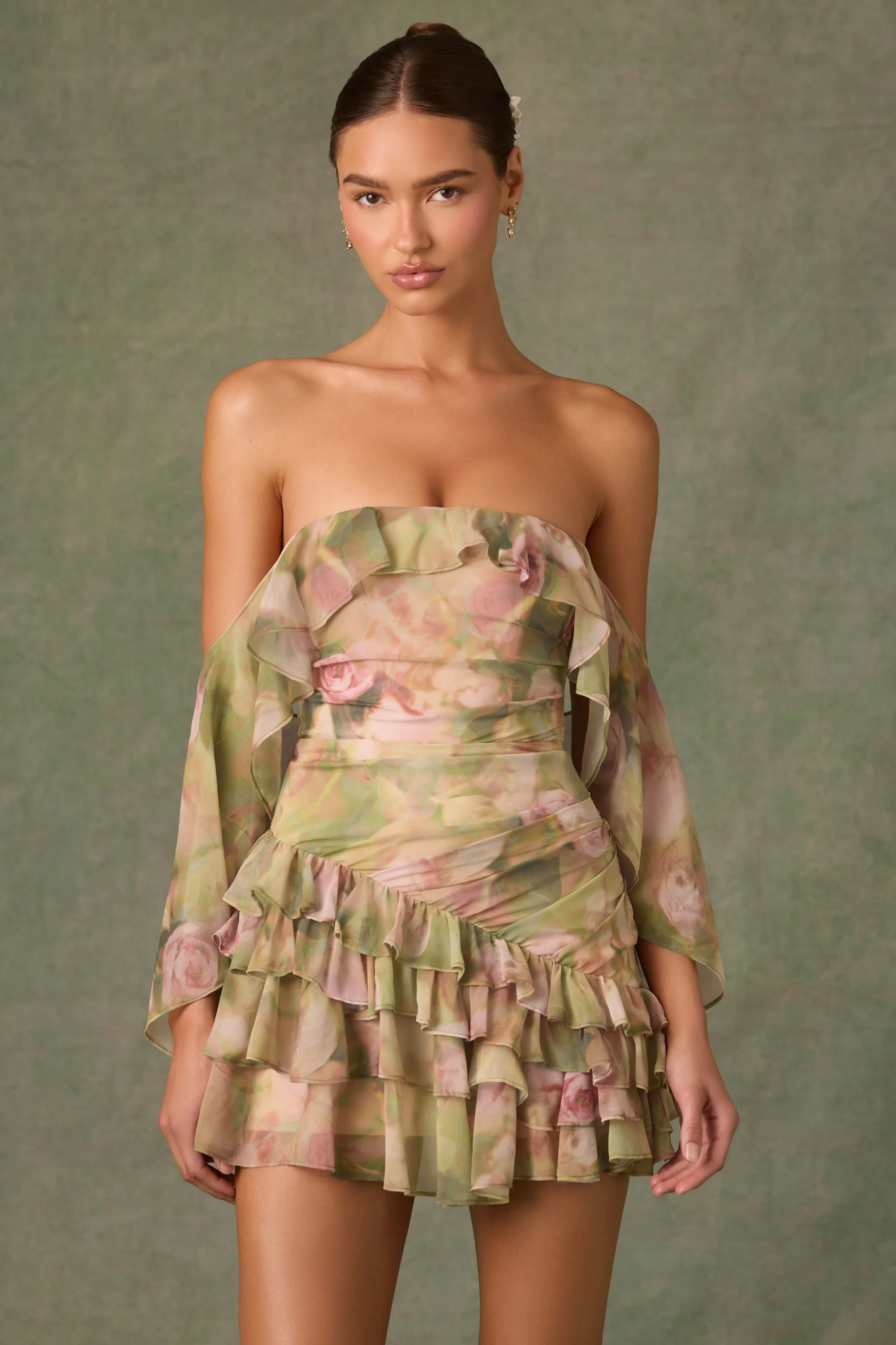 Off-Shoulder Ruffled Mini Dress in Floral Multi Print