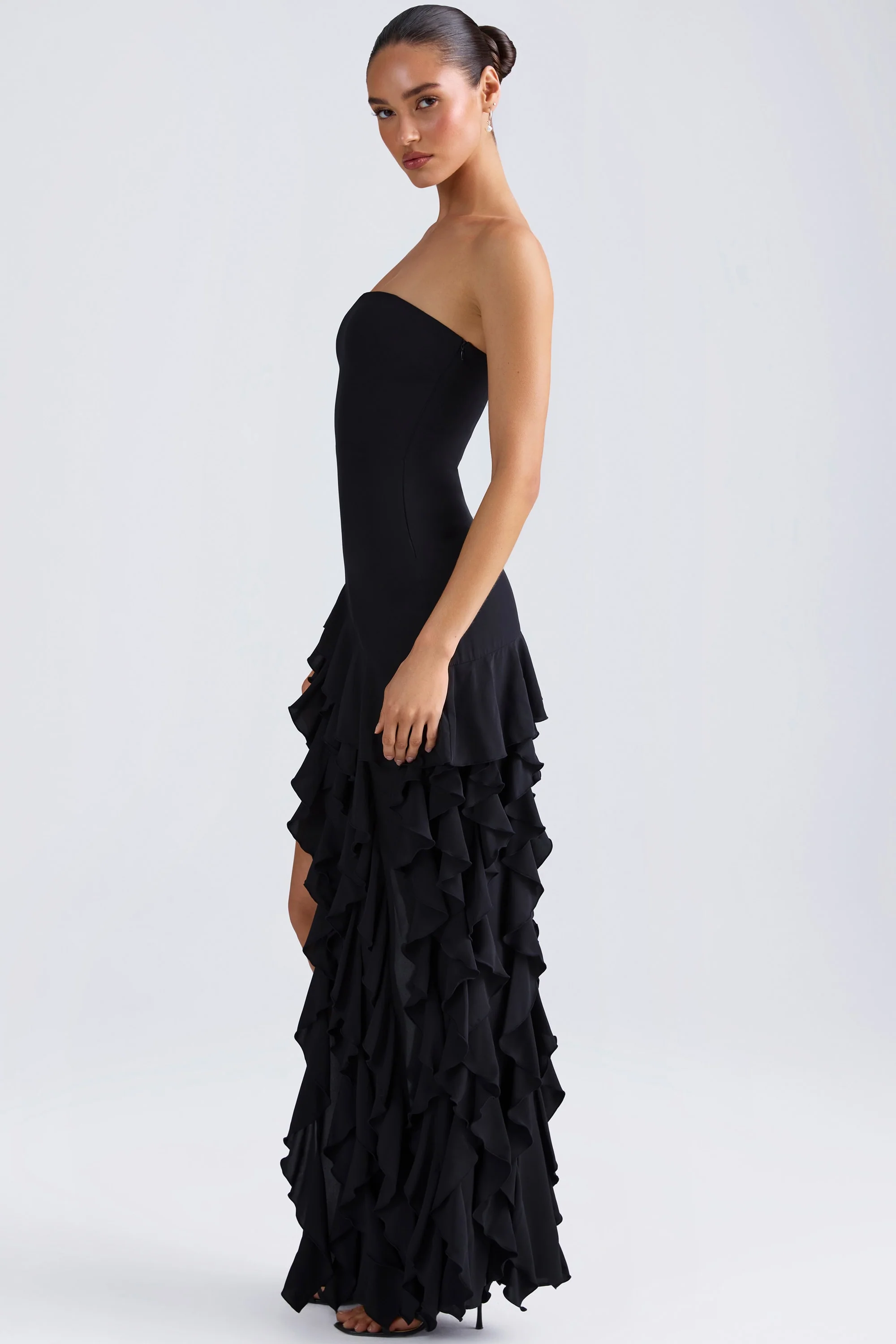 Ruffle-Trim Strapless Gown in Black