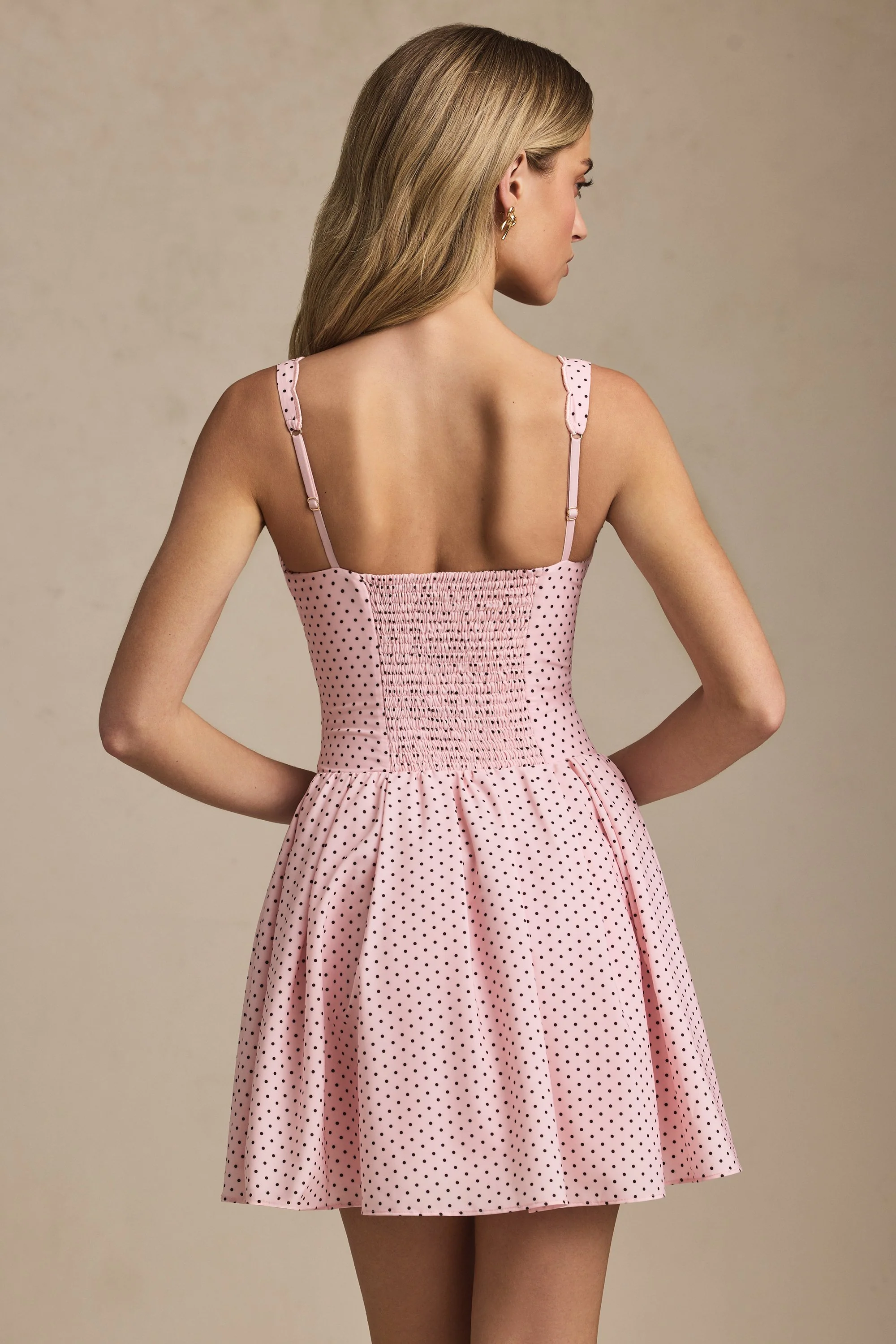 Bow-Detail A-Line Mini Dress in Pink Polka Dot