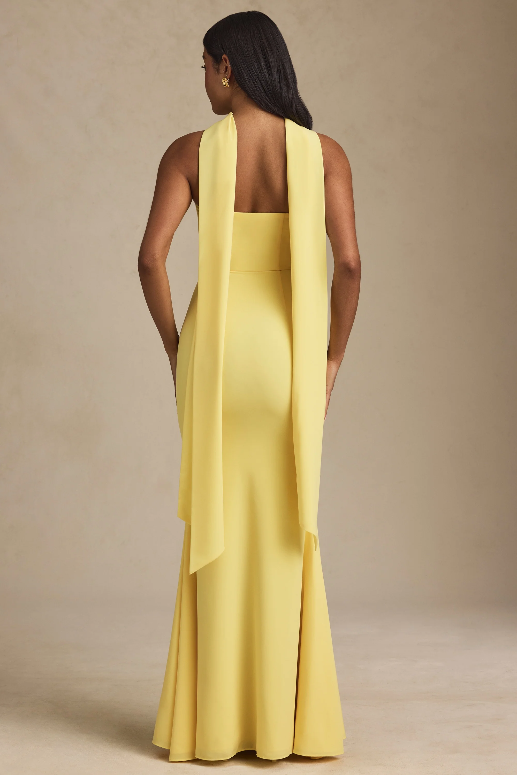 Scarf-Detail Strapless Gown in Pastel Yellow