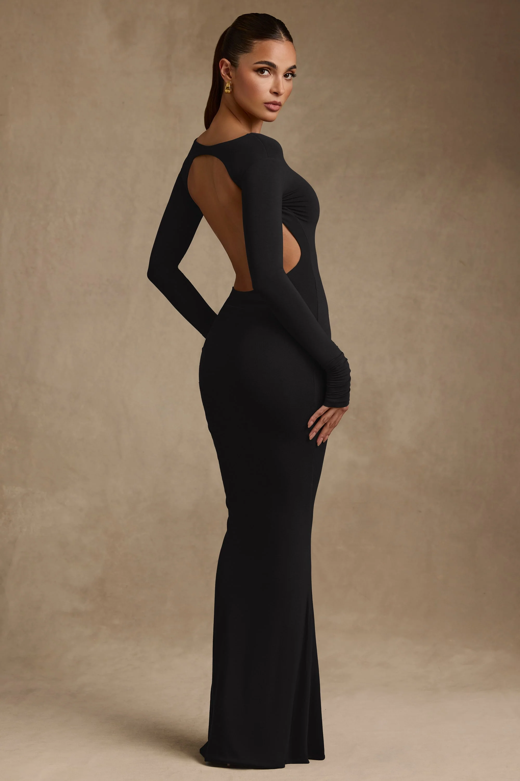 Modal Ruched Backless Maxi Dress in Black